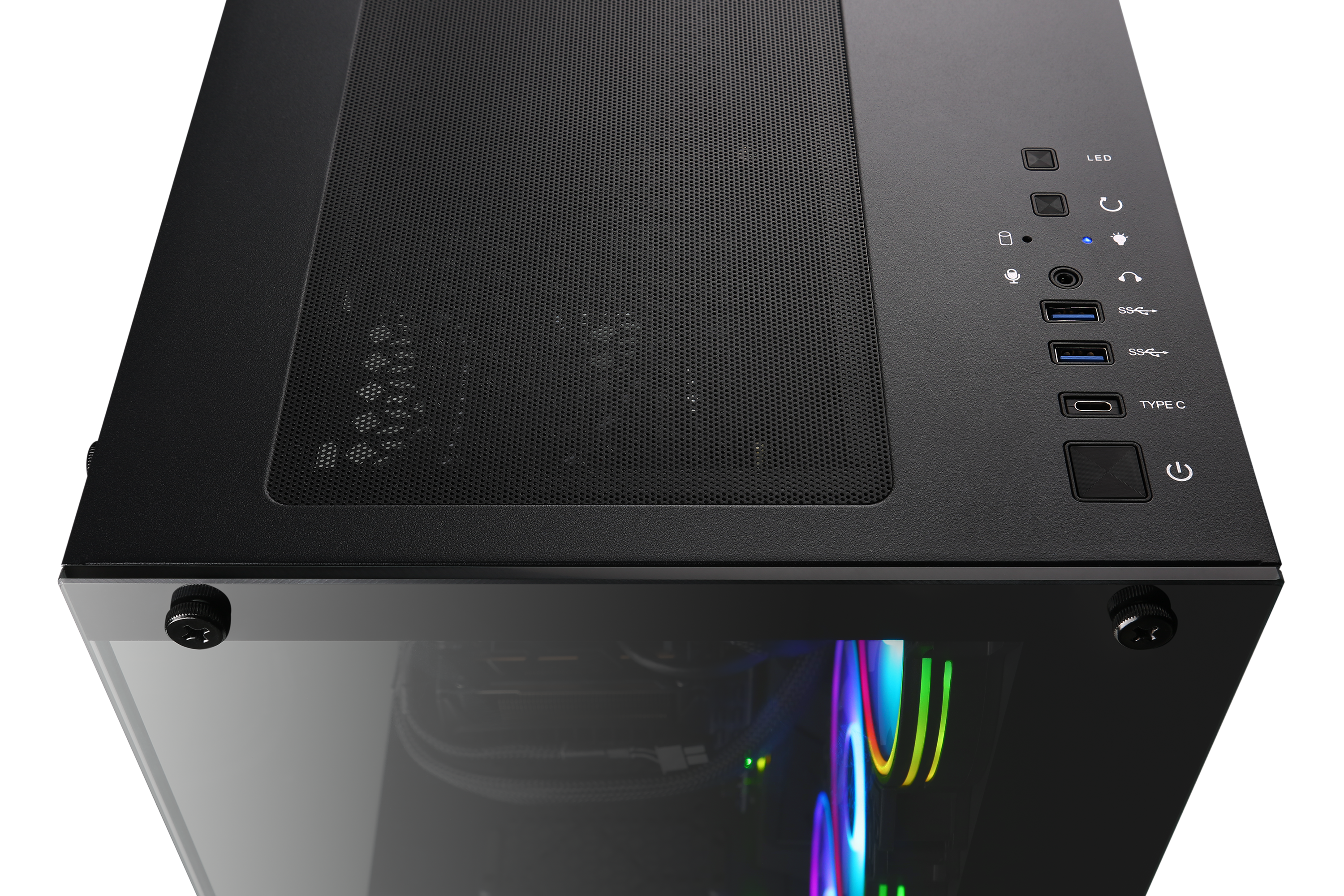 Schwarzes Computergehäuse mit Glas-Seitenwand, Innenbeleuchtung und Komponenten.