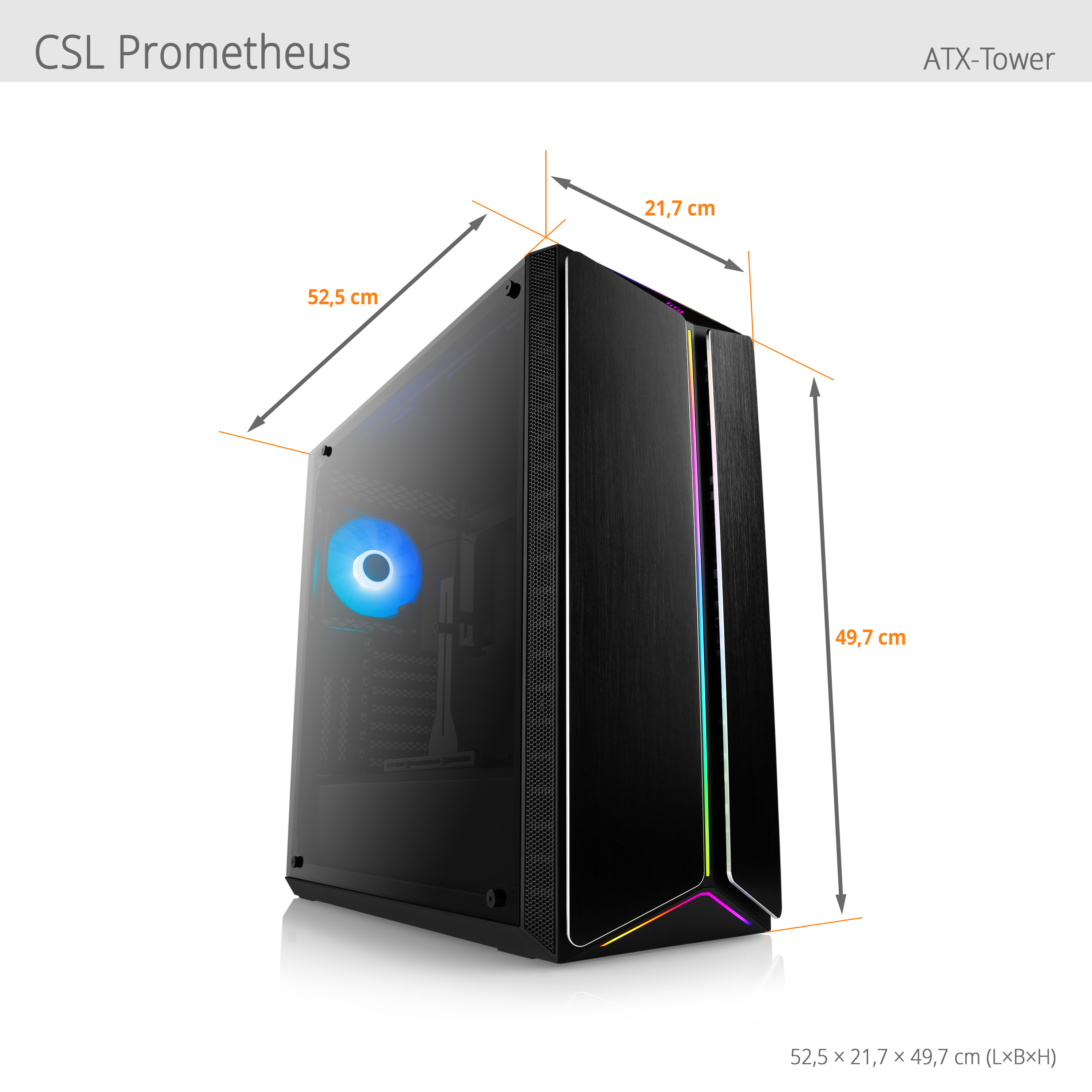 Schwarzer PC-Tower mit Abmessungen und blau beleuchtetem Lüfter.
