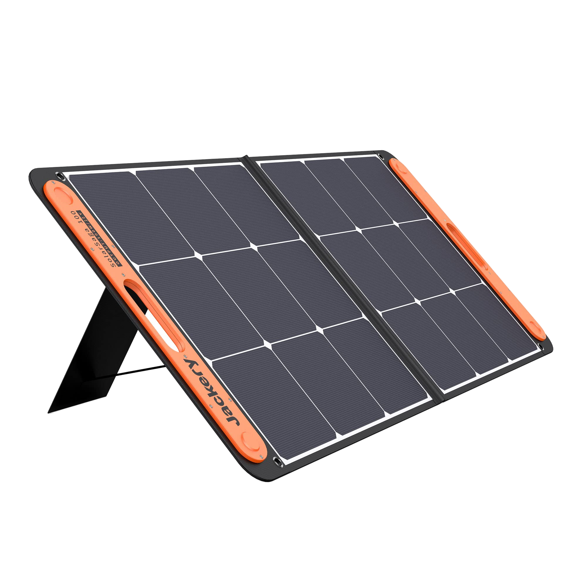 Opvouwbaar zonnepaneel met oranje accenten en een zwarte standaard.