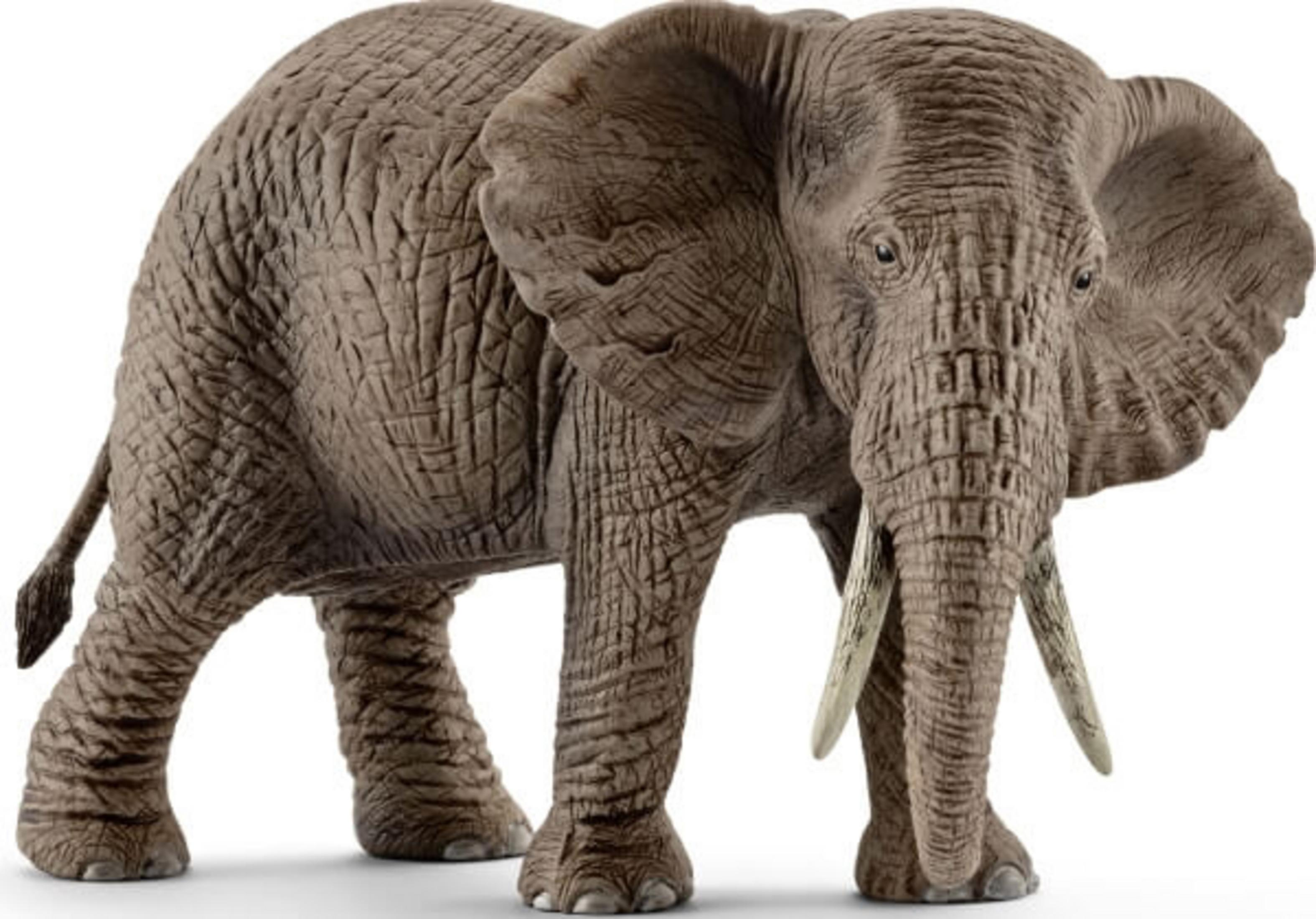 Figurka słonia, szaro-brązowa, z dużymi uszami i kłami, na białej powierzchni.
