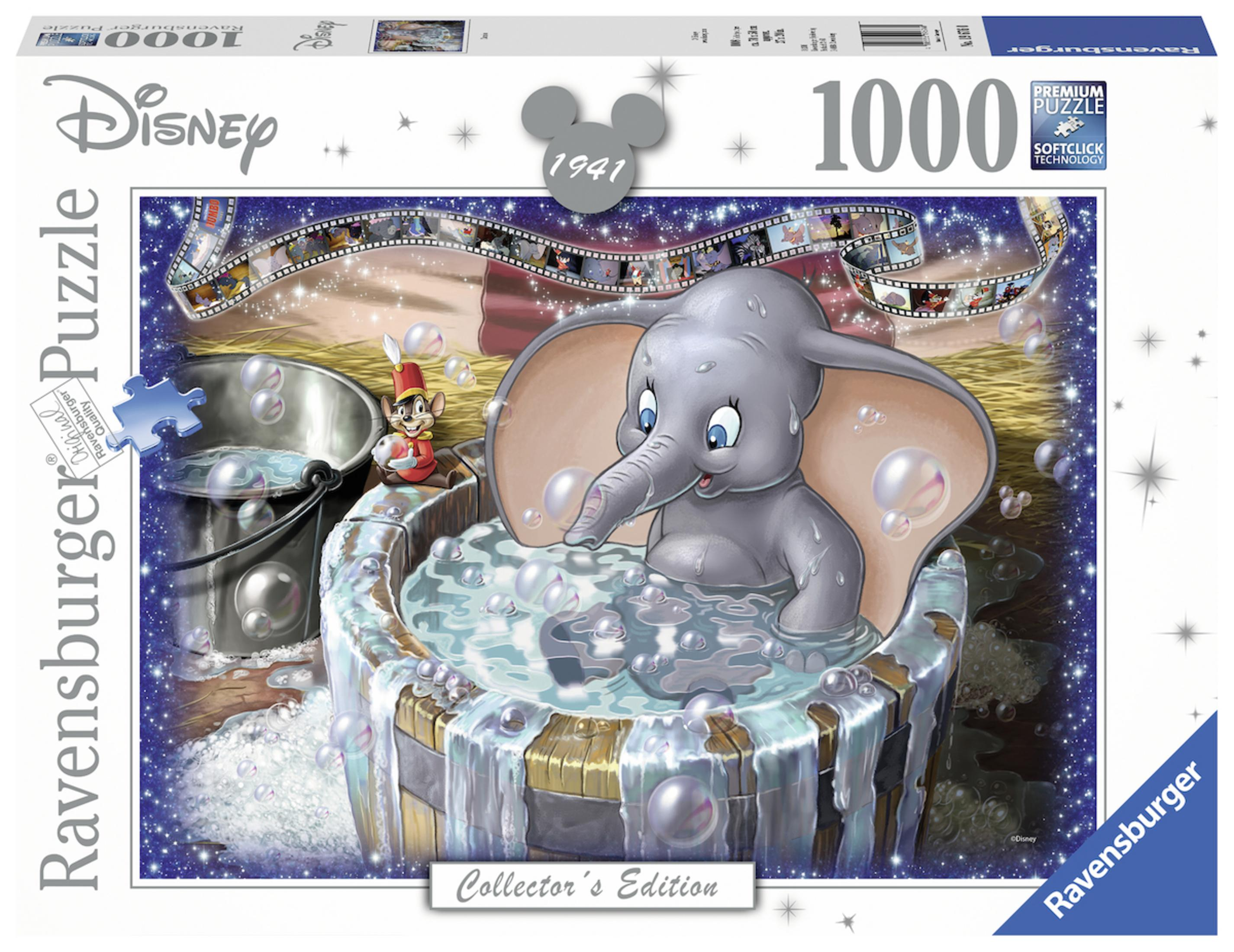 Ein Disney Dumbo 1000 Teile Puzzle mit Dumbo in einer Holzzuber mit Blasen und einem Eimer.