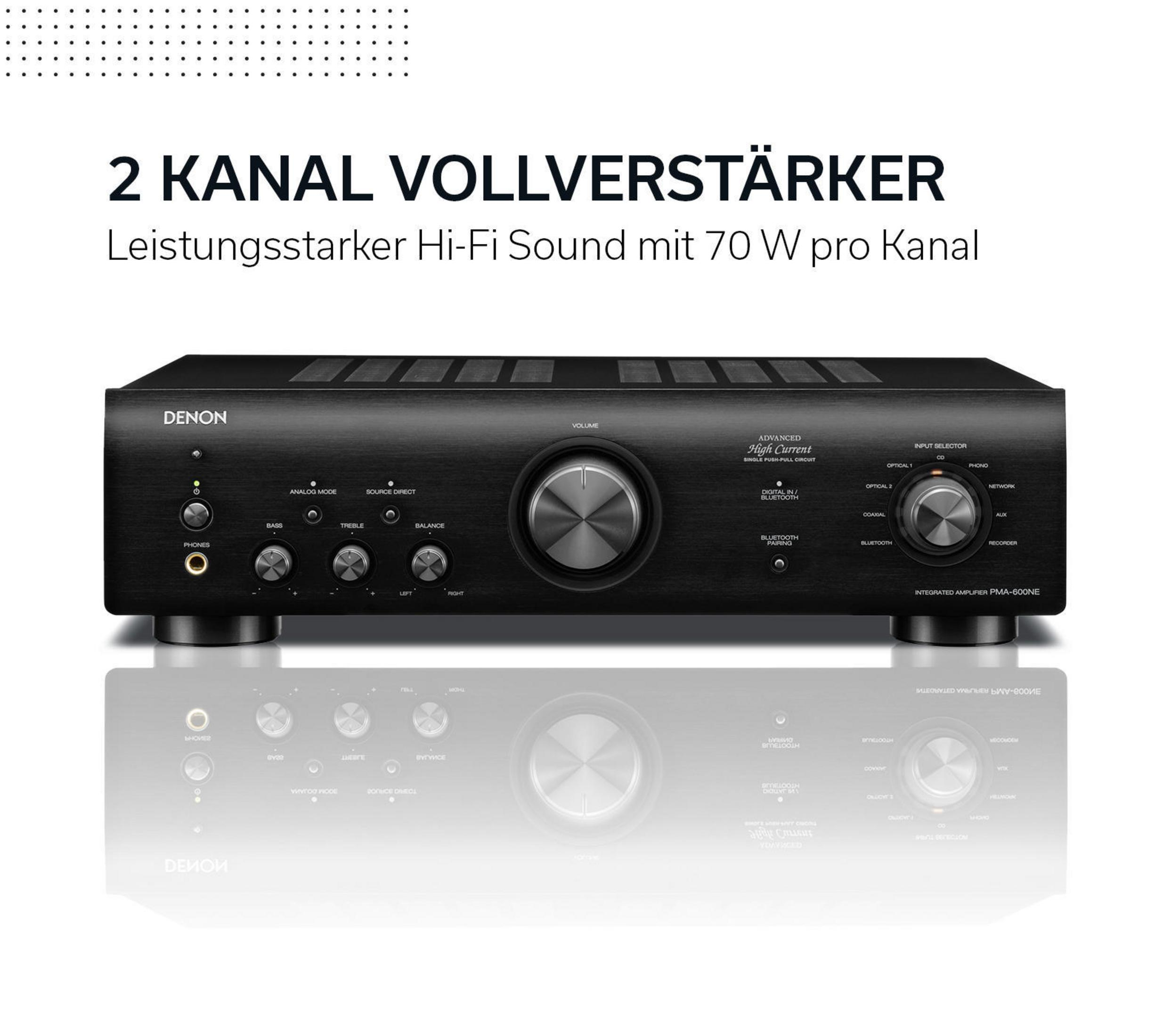Ein schwarzer Verstärker mit Knöpfen und einem großen Lautstärkeregler.