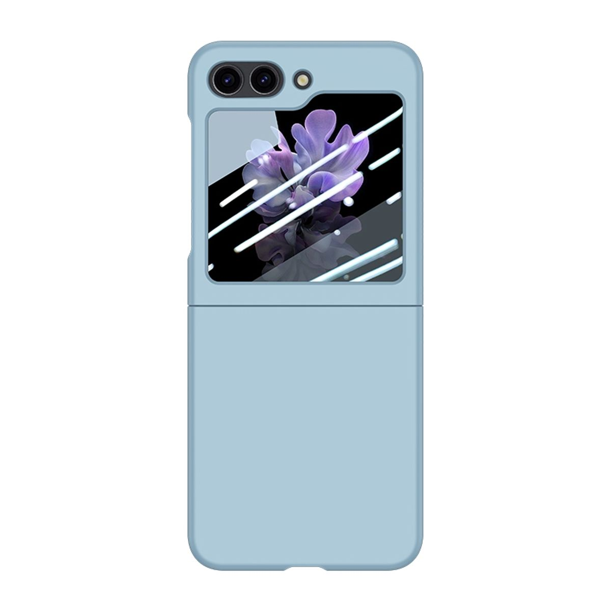 Blaue Handyhülle mit Handy. Das Handy hat ein Blumendisplay. Es ist geschlossen.
