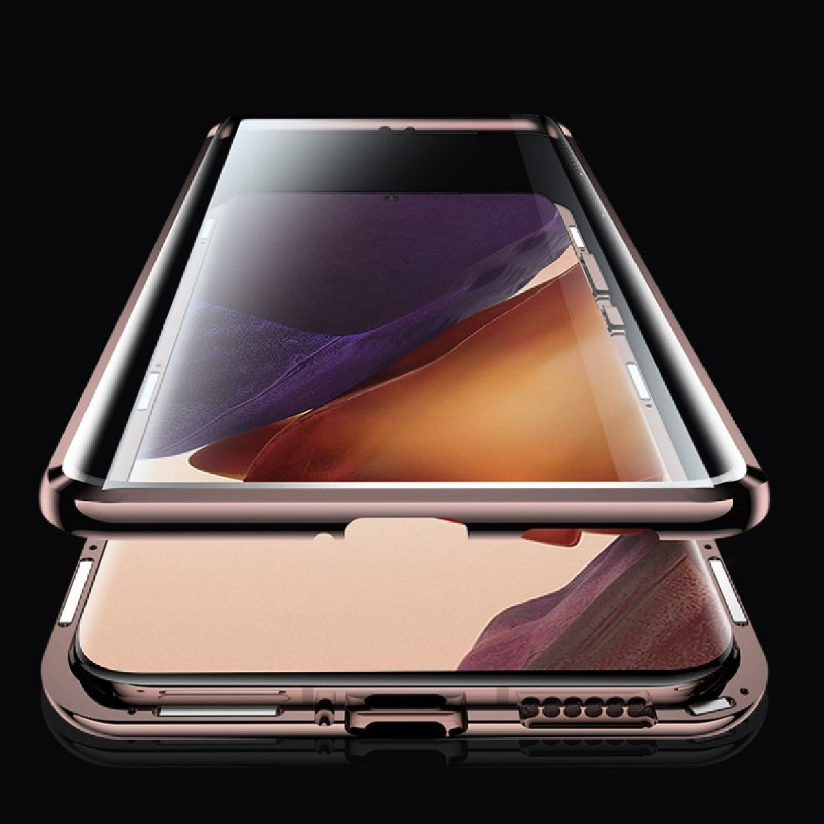 Eine roségoldene Telefonhülle, in zwei Teile geteilt, zeigt ein abstraktes Bild auf dem Telefonbildschirm vor dunklem Hintergrund.