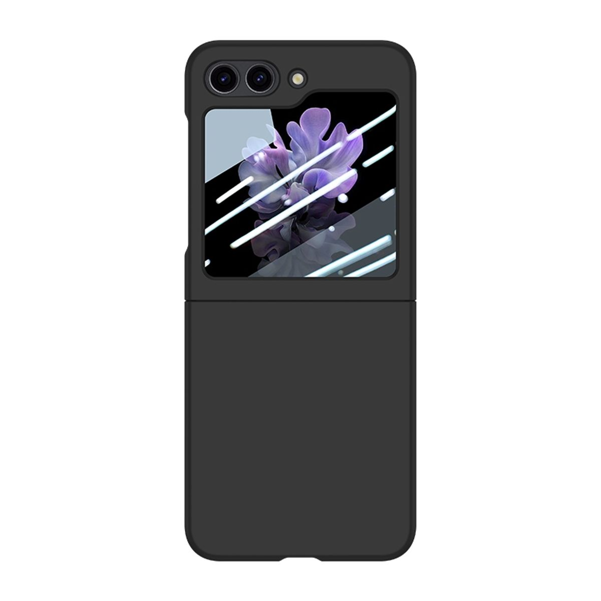 Schwarzes faltbares Telefon in einer Hülle. Der Bildschirm zeigt ein lila Blumenbild. Schwarze Hülle schützt das Telefon.