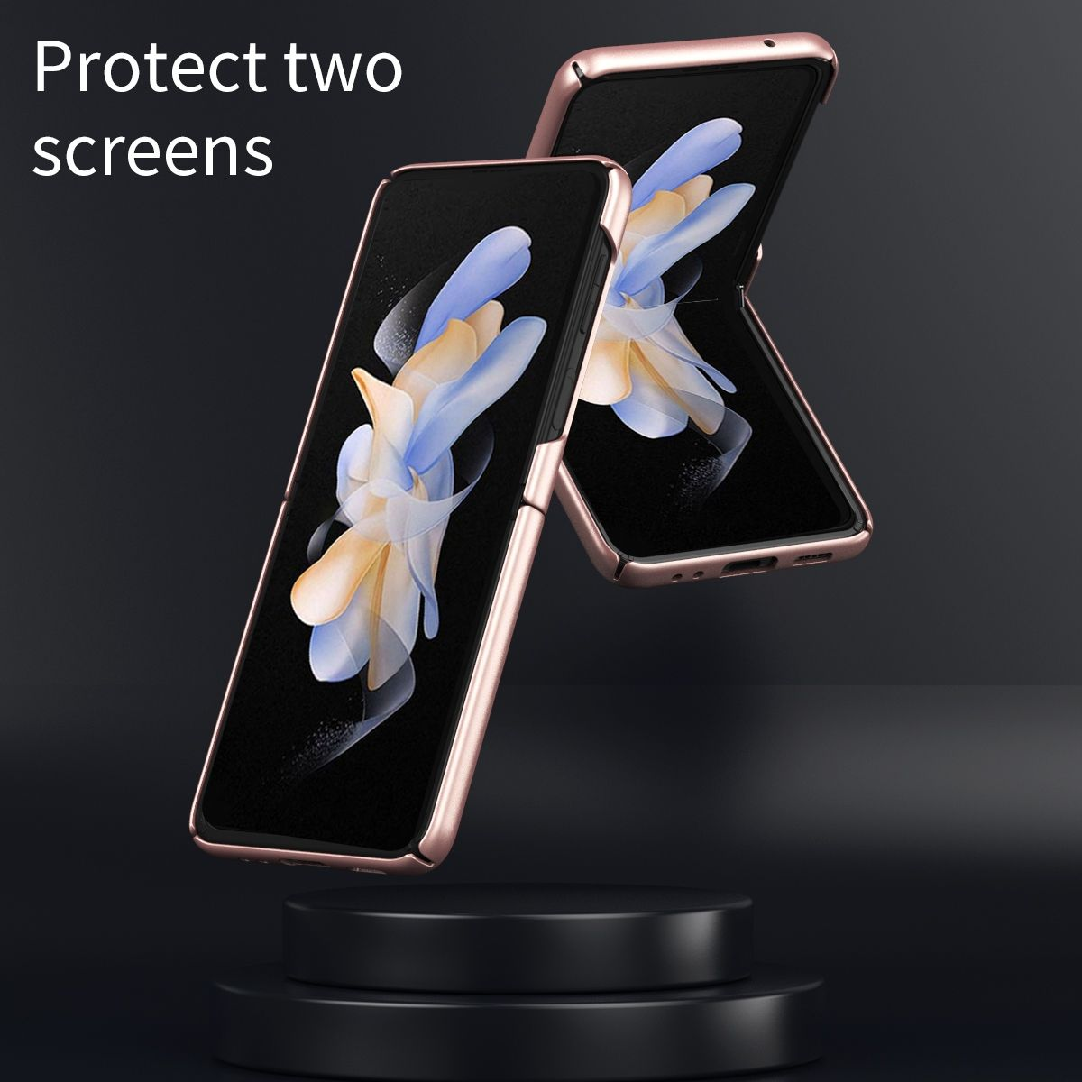 Zwei roségoldene faltbare Telefone, eines offen, mit Bildschirmen, das andere teilweise offen.