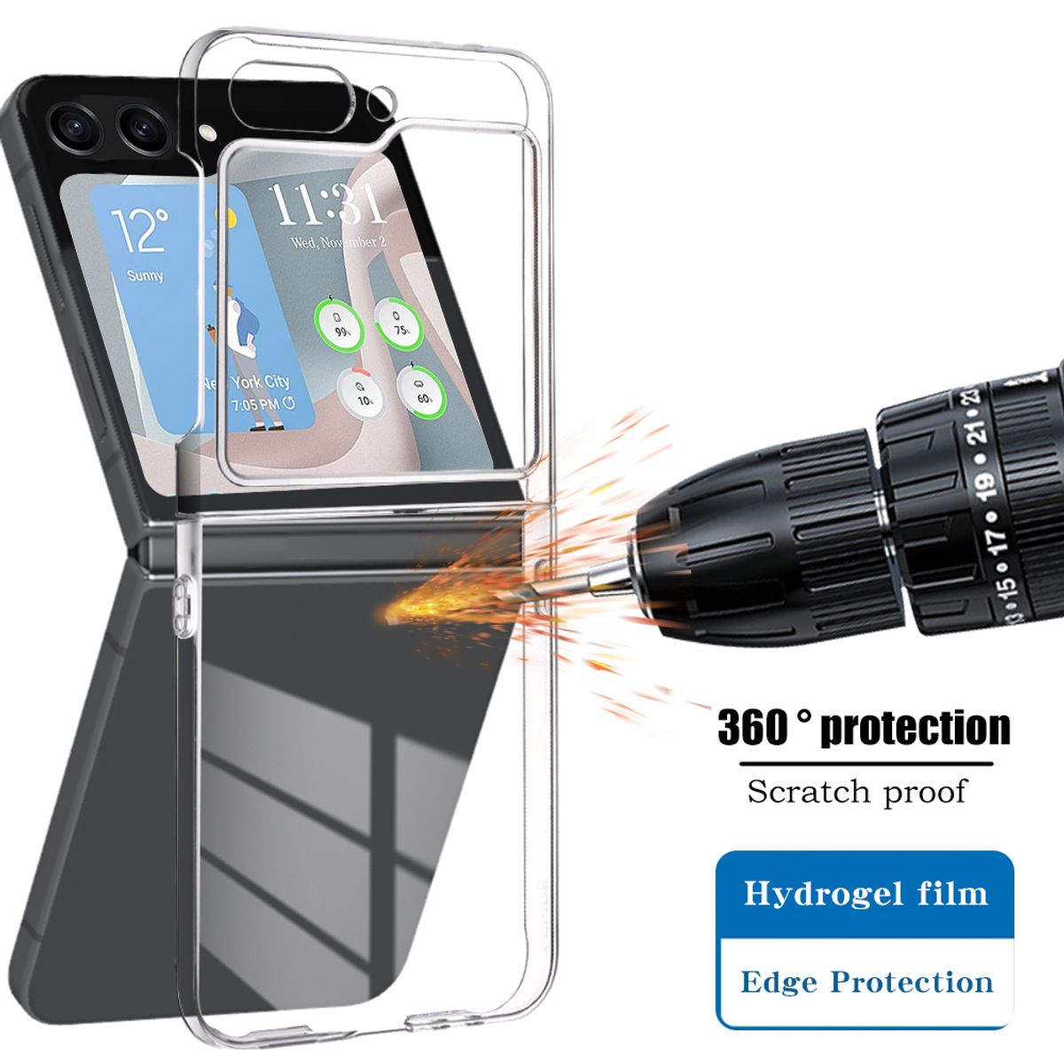 Transparente Handyhülle schützt ein faltbares Telefon. Bohrer in der Nähe, Text: 360° Schutz, kratzfest.