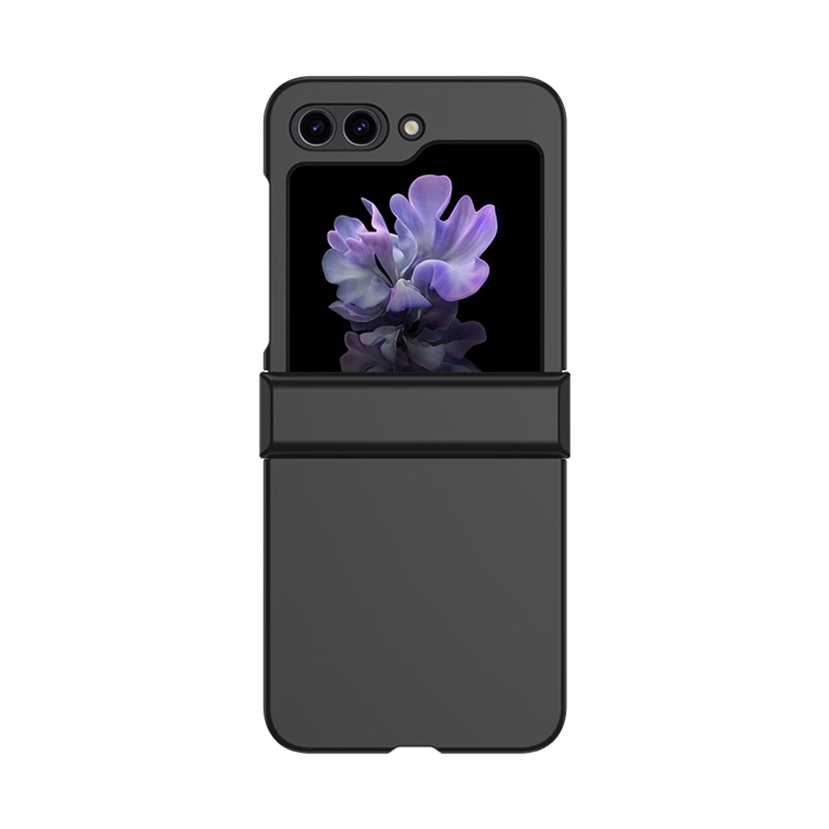 Schwarze Handyhülle, die ein faltbares Telefon hält. Der Bildschirm zeigt eine lila Blume.