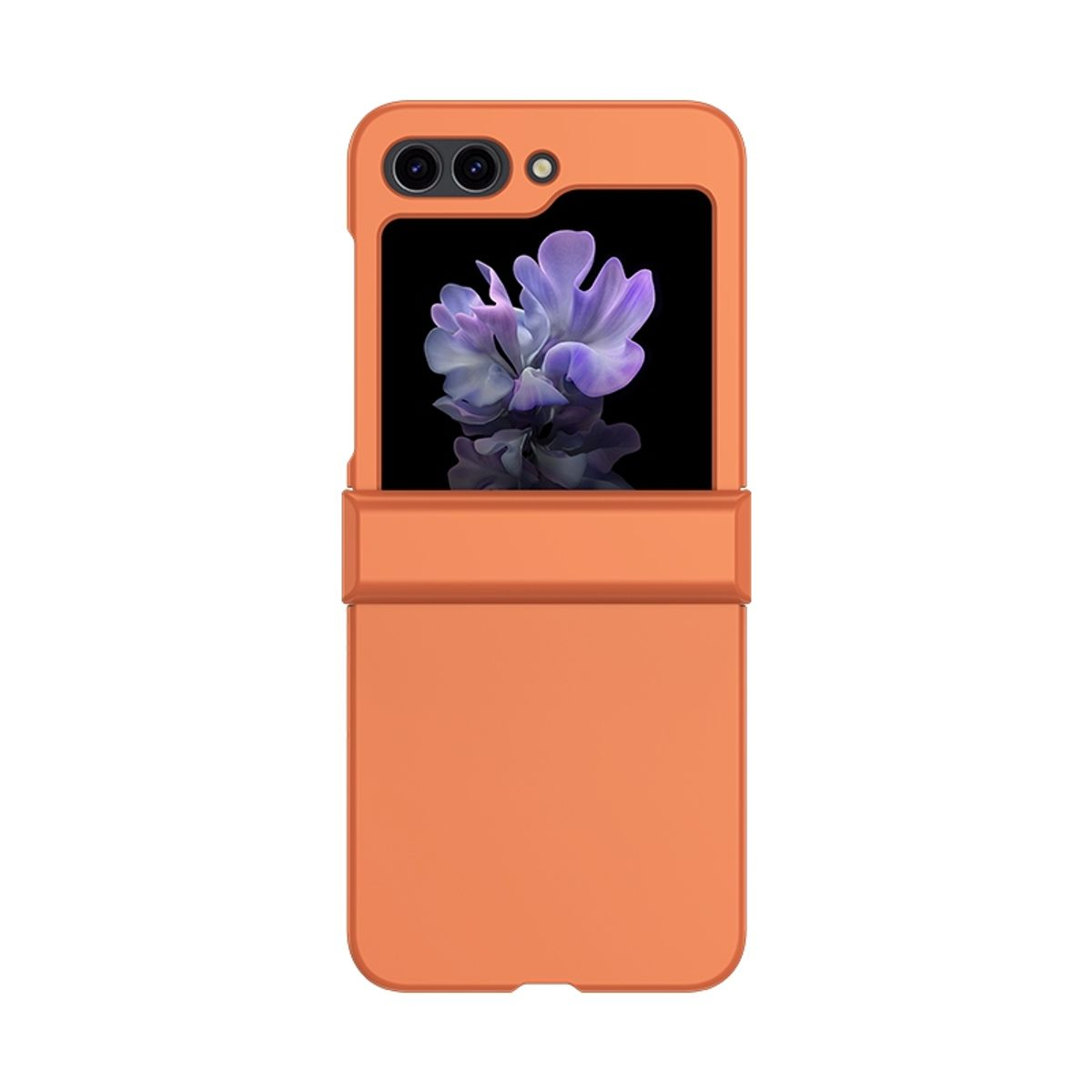 Orangene, offene, faltbare Smartphone-Hülle, mit Blumendarstellung auf dem Bildschirm.