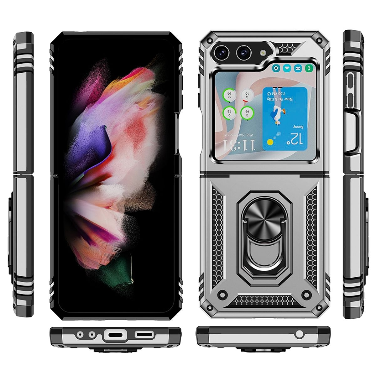 Faltbares Telefon, offen und geschlossen, mit Metallgehäuse. Zeigt Widgets, Uhrzeit und Wetter an.