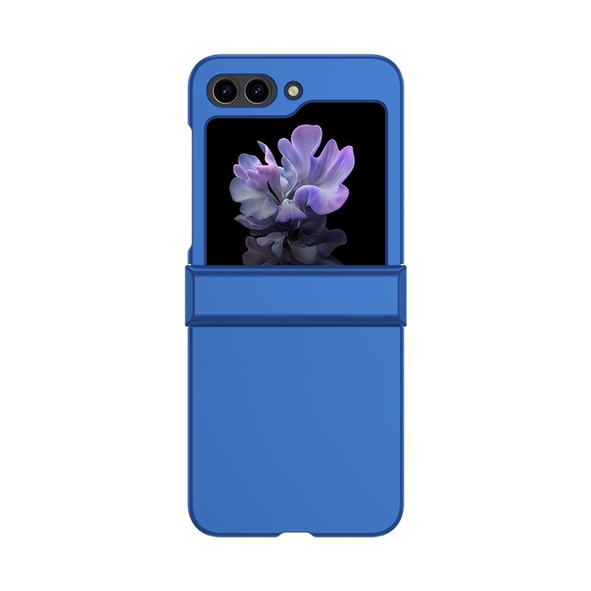 Blaue Handyhülle mit geöffnetem Telefon, das ein lila Blumenbild vor weißem Hintergrund anzeigt.