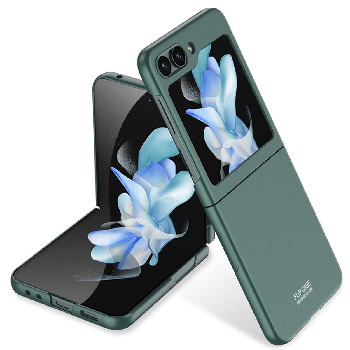 Zwei gefaltete Telefone in grünen Hüllen. Die Bildschirme zeigen eine lila Blume. Weißer Hintergrund.