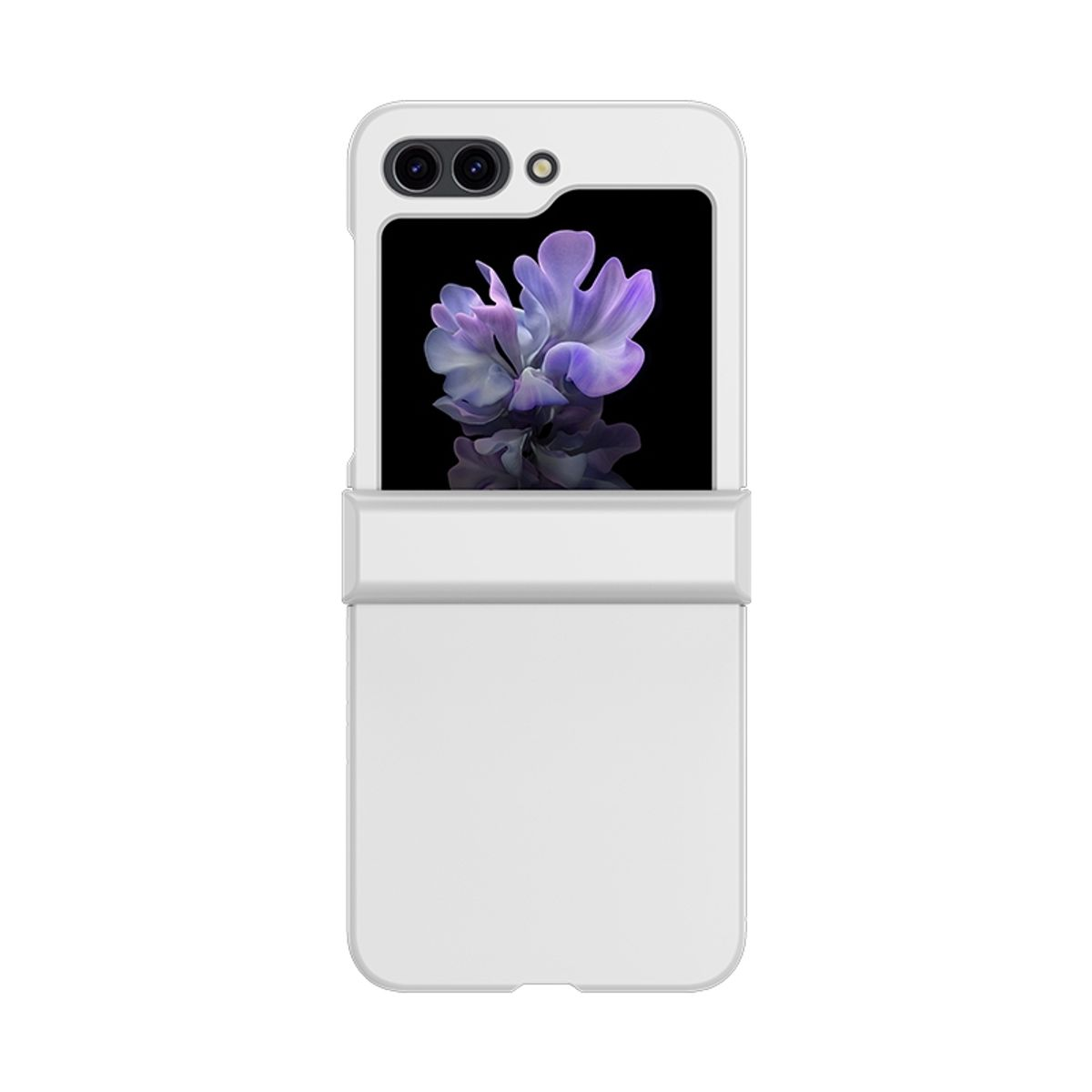 Weisse Handyhülle mit Handy. Das Handy hat ein Blumendisplay. Es ist offen.
