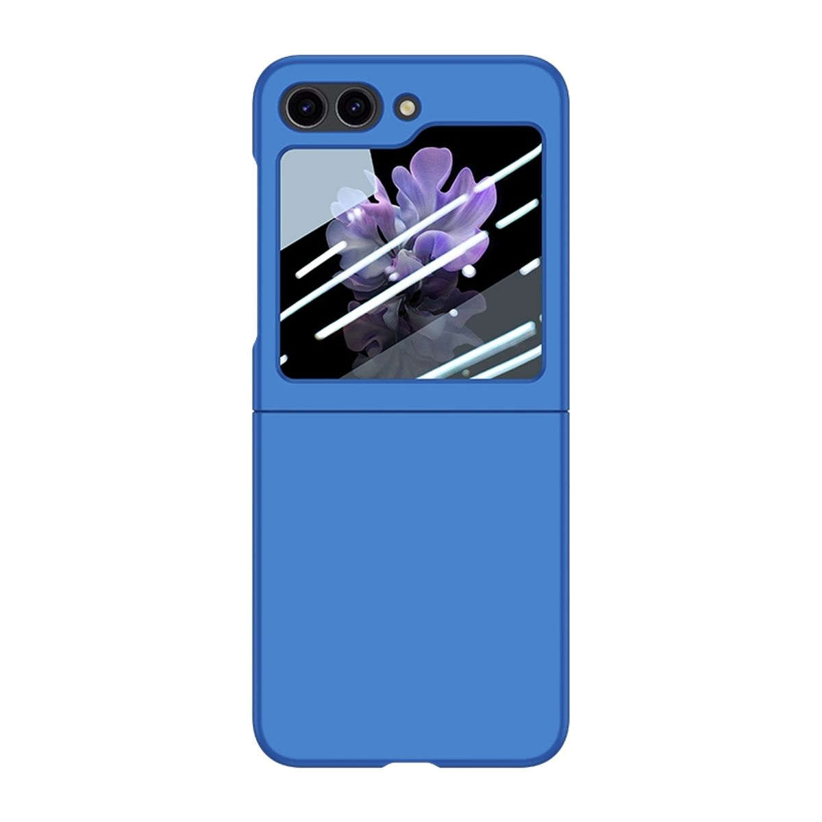 Eine blaue Handyhülle mit Telefon, mit angebrachtem Displayschutz.