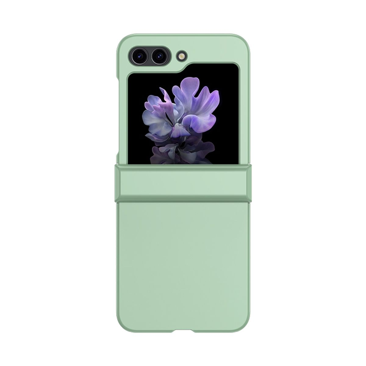 Grüne Handyhülle mit einem Telefon, das eine lila Blume auf dem Bildschirm zeigt.