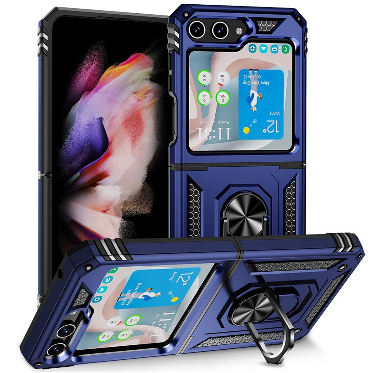 Faltbares Telefon mit blauem Gehäuse. Das Telefon ist geöffnet, mit Anzeige von Uhrzeit und Wetter.