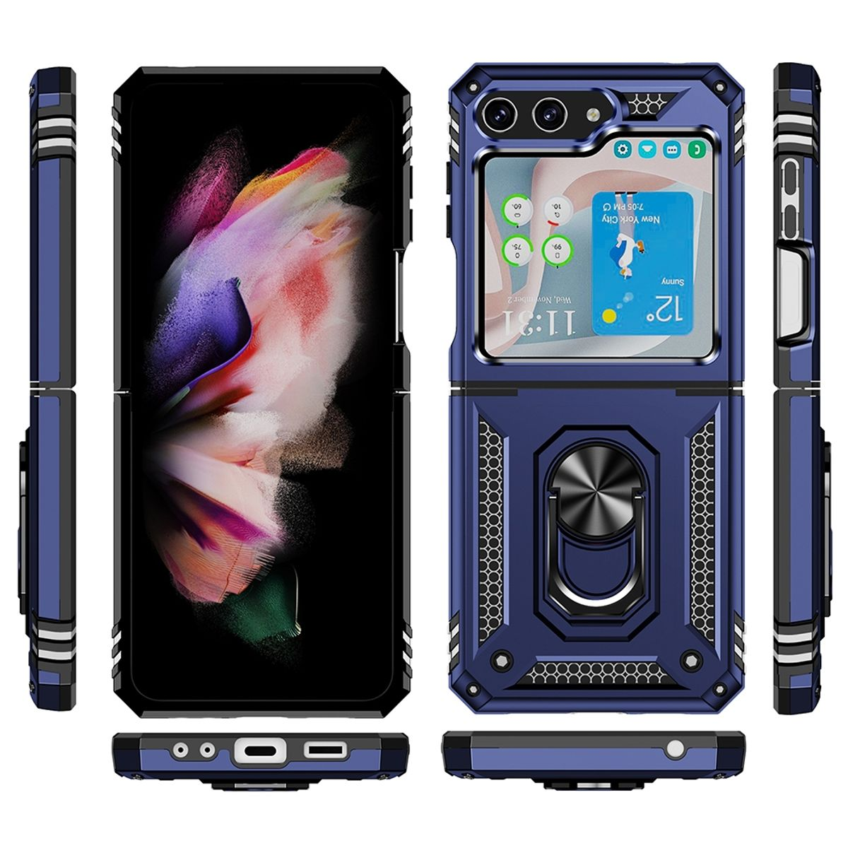 Blaue Handyhülle mit Telefon, gefaltet und entfaltet. Schwarze Ränder und silberner Ringhalter.