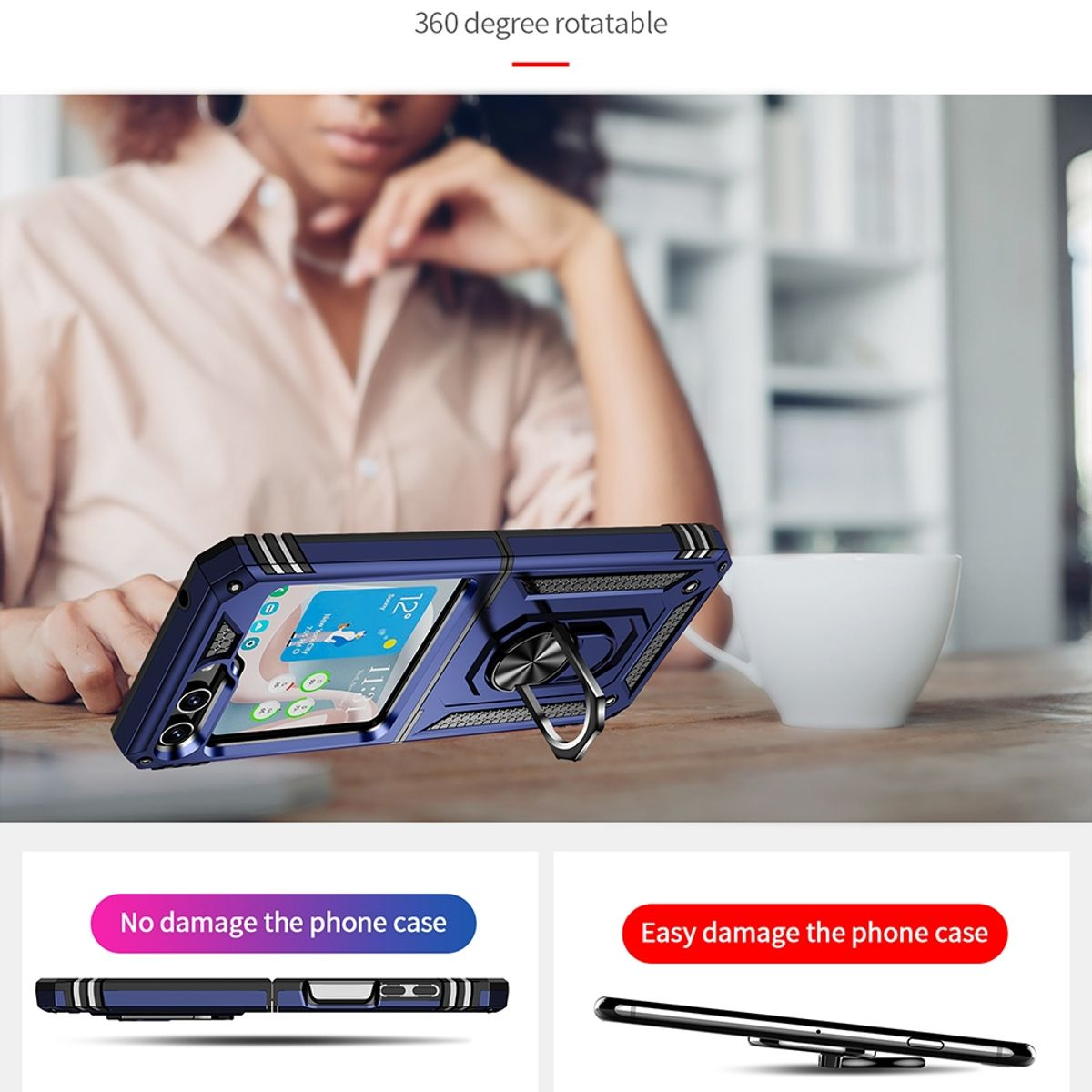 Blaue Handyhülle mit Ringhalter. Zwei Bilder: Telefon mit Hülle und Telefon ohne Hülle.