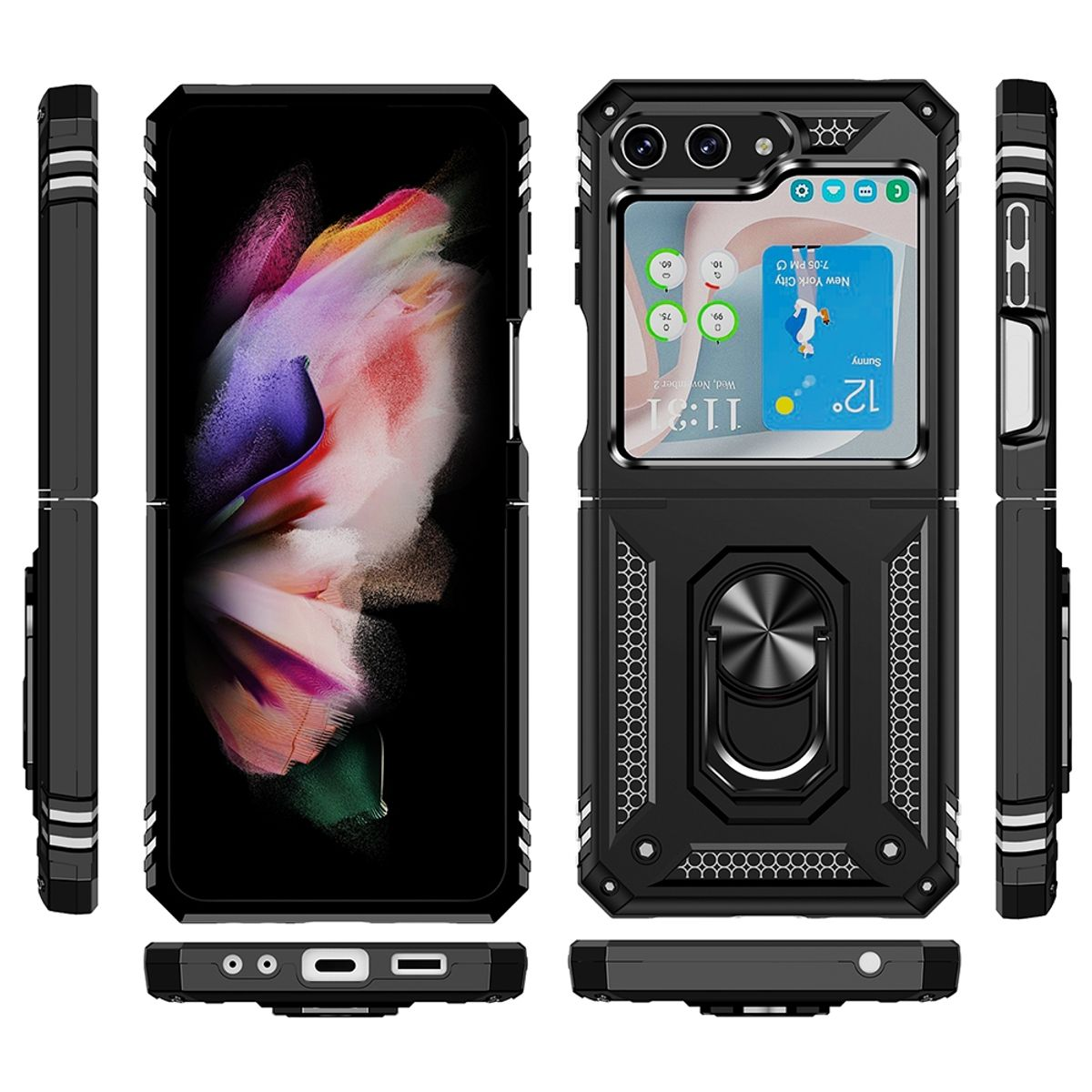Schwarzes faltbares Telefon mit Schutzhülle, mehrere Ansichten werden angezeigt.