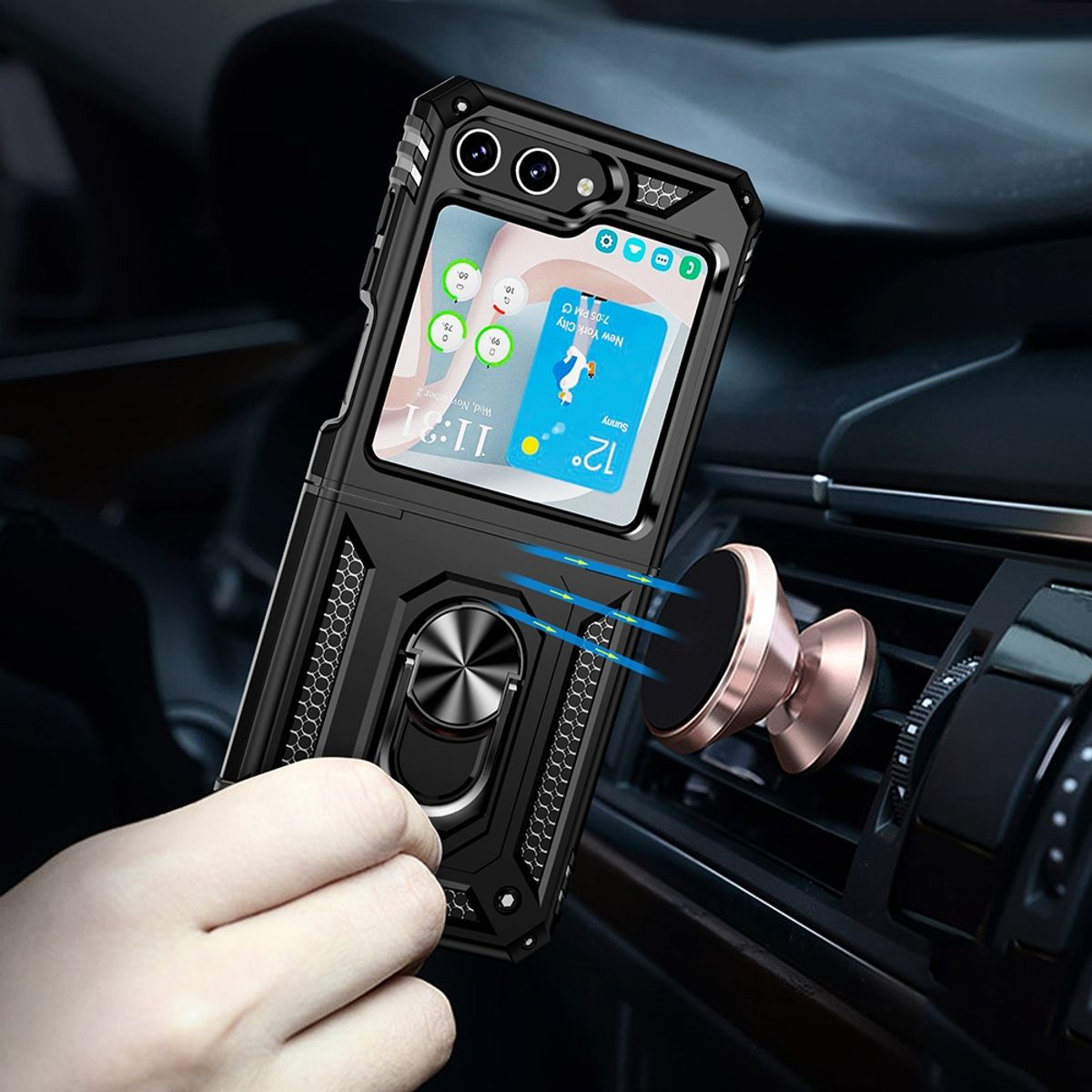 Eine schwarze Handyhülle mit Telefon im Auto. Der Bildschirm ist sichtbar. Der Hintergrund ist ein Auto.