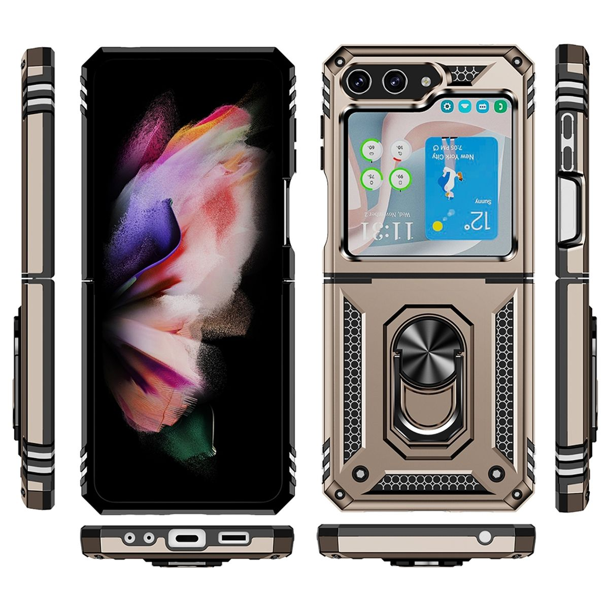 Faltbares Telefon in einer Schutzhülle, zeigt Uhrzeit und Wetter auf einem Cover-Bildschirm.