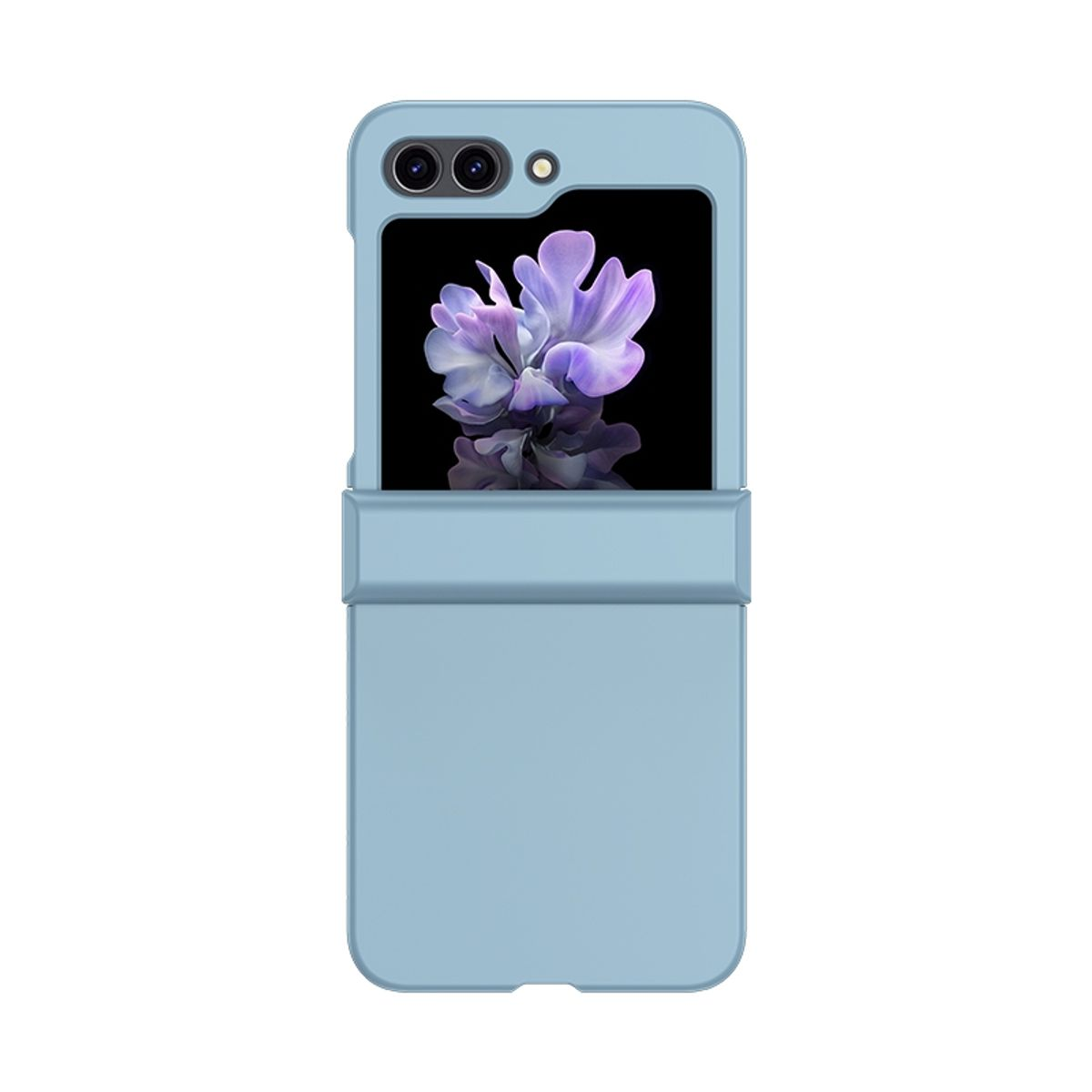 Blaue Handyhülle mit Telefon, lila Blumenbild. Weißer Hintergrund.