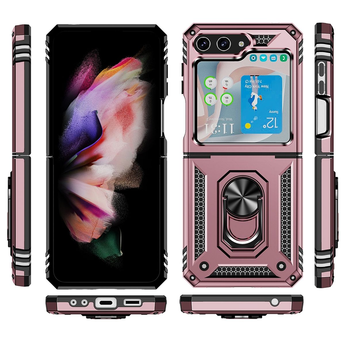 Pinkfarbene Handyhülle, offen mit Telefonbildschirm, mehrere Ansichten, weißer Hintergrund.