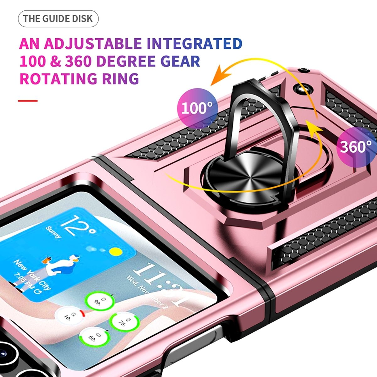 Rosa Handyhülle mit Ringständer, 100- und 360-Grad-Drehung und Handybildschirm.