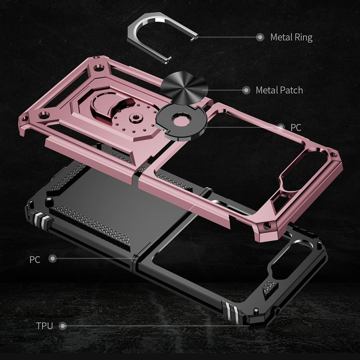 Handyhüllen-Komponenten. Metallring, Metallplatte und PC- und TPU-Teile.