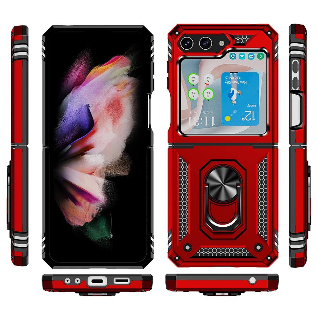 Rote Handyhülle mit einem zusammenklappbaren Telefon im Inneren, das die Uhrzeit und das Wetter anzeigt.