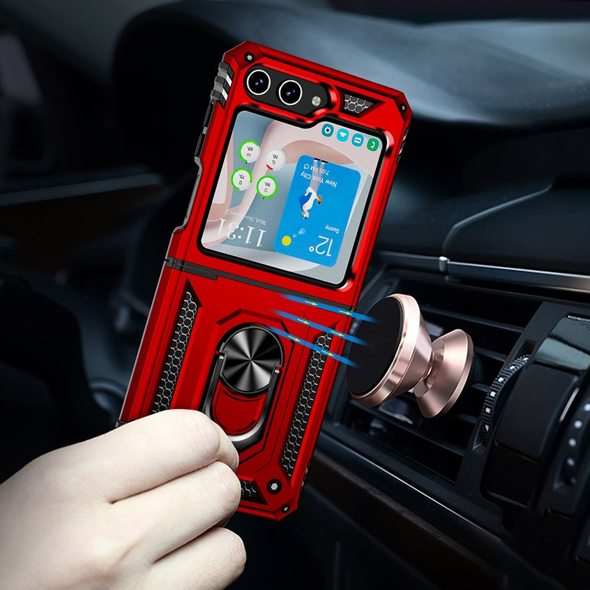 Rote Handyhülle mit Telefon darin, an einer Lüftungsöffnung im Auto befestigt. Bildschirm zeigt Wetter-App.