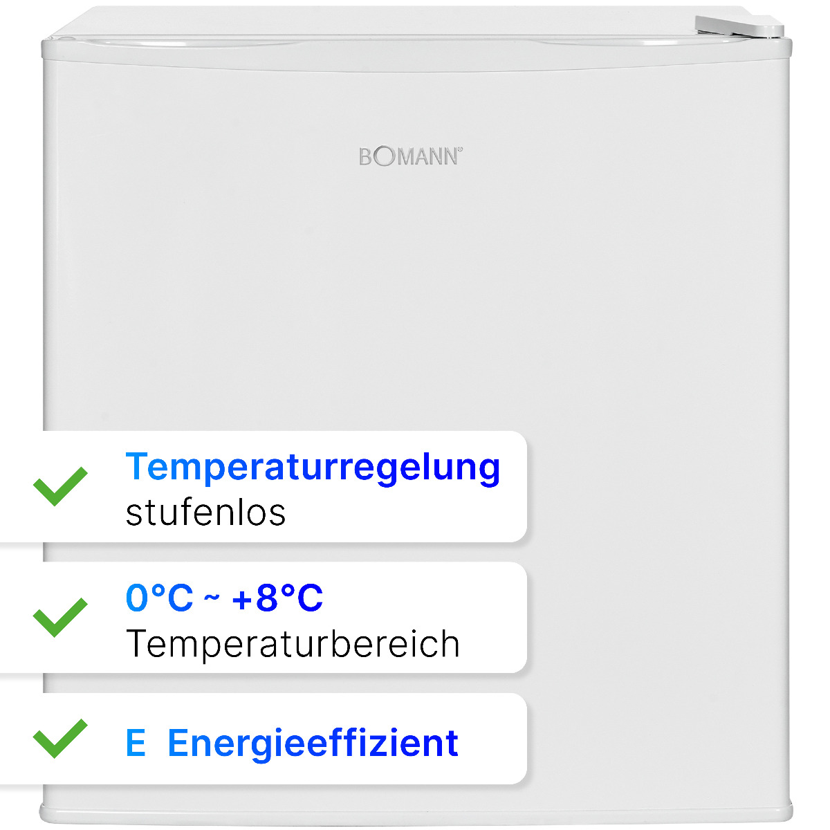 Frigorifero bianco con etichette di testo per il controllo della temperatura e l'efficienza energetica.