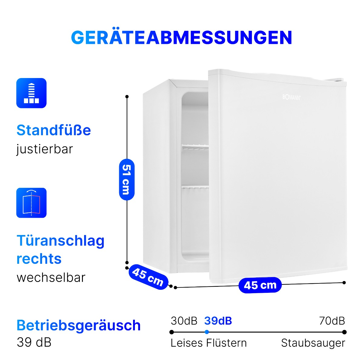 Mini frigo bianco con dimensioni indicate. Ha una singola porta e un diagramma con i livelli di rumore.