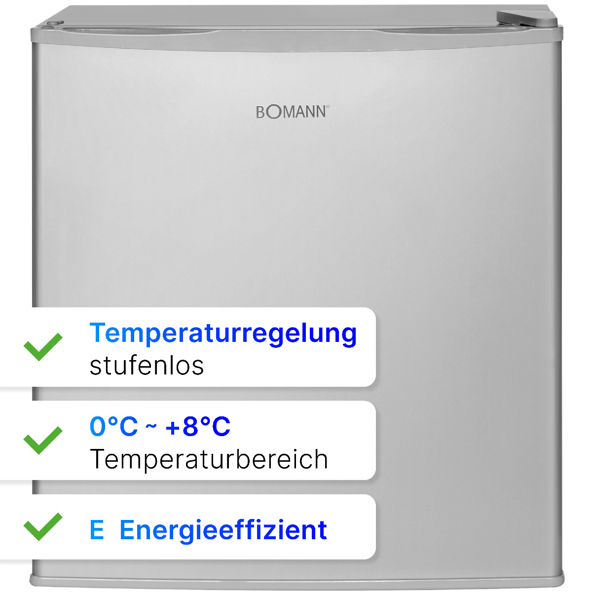 Ein silberner Minikühlschrank mit Informationsetiketten zu Temperatur, Energie.
