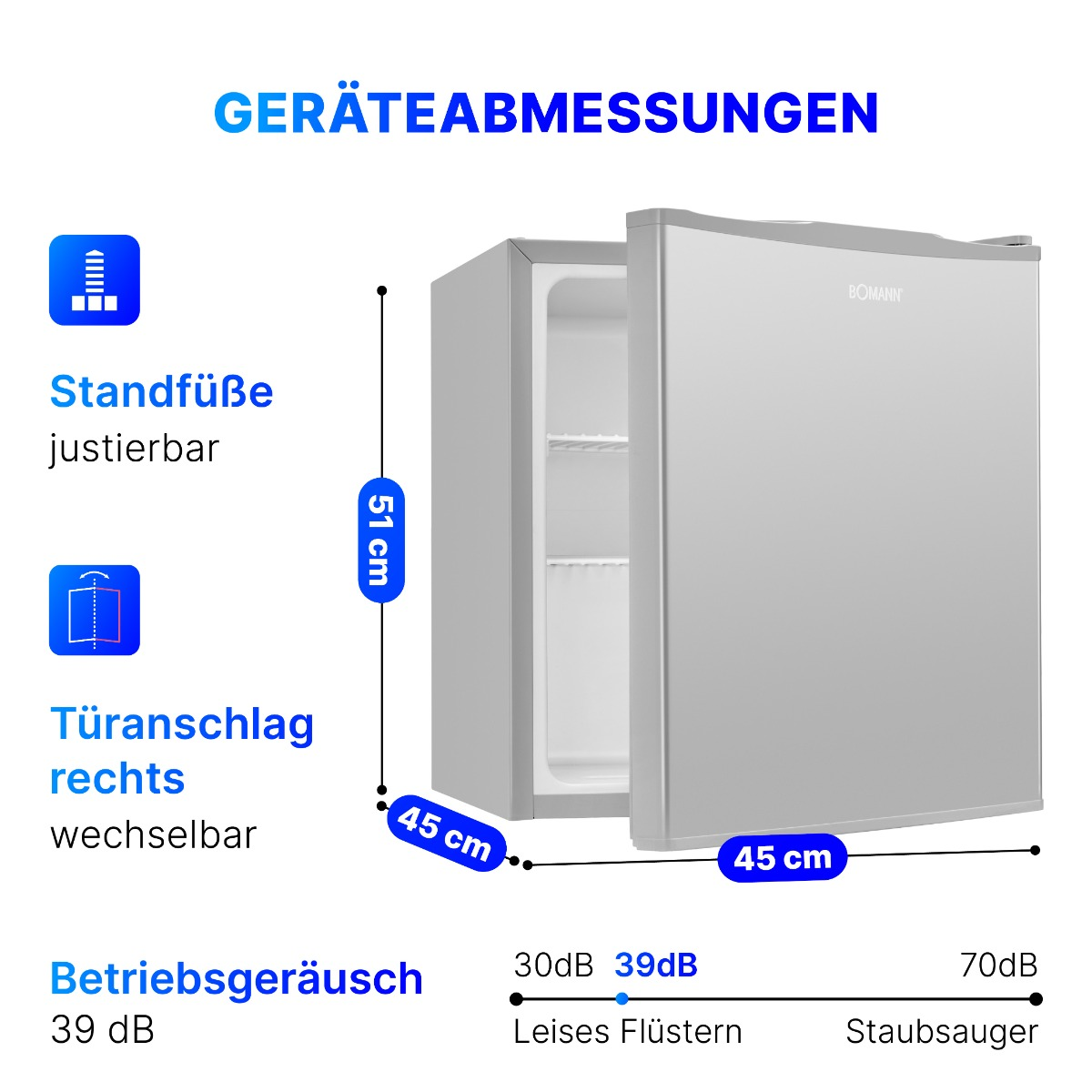 Minikühlschrank mit Abmessungen und Schallpegeln.