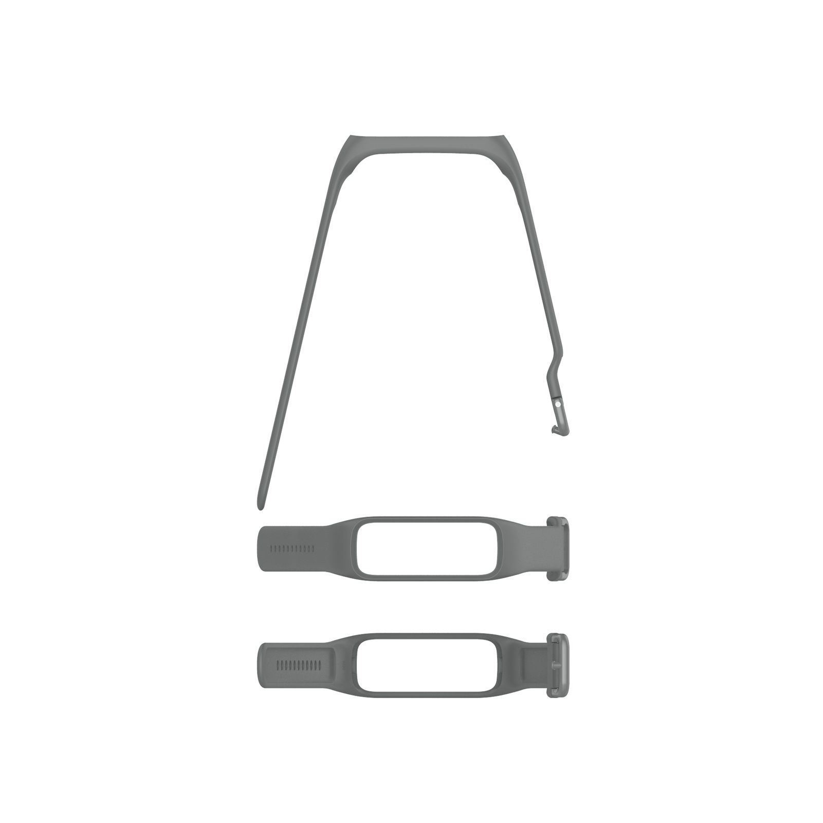 Szare części trackera fitness, w tym zakrzywiony element i dwie sekcje paska.