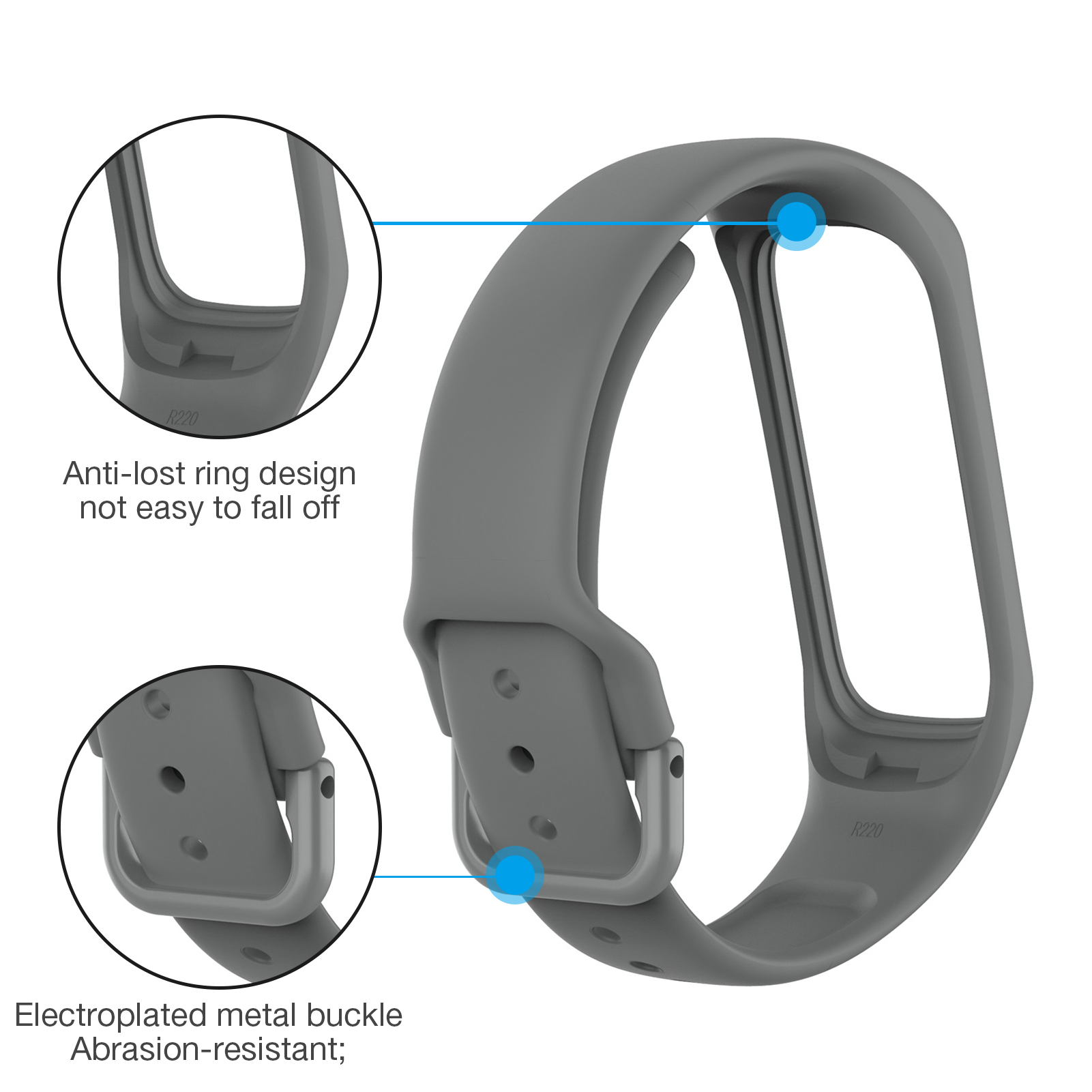 Szary pasek do zegarka z metalową klamrą i detalami konstrukcyjnymi pierścienia zapobiegającego zgubieniu.