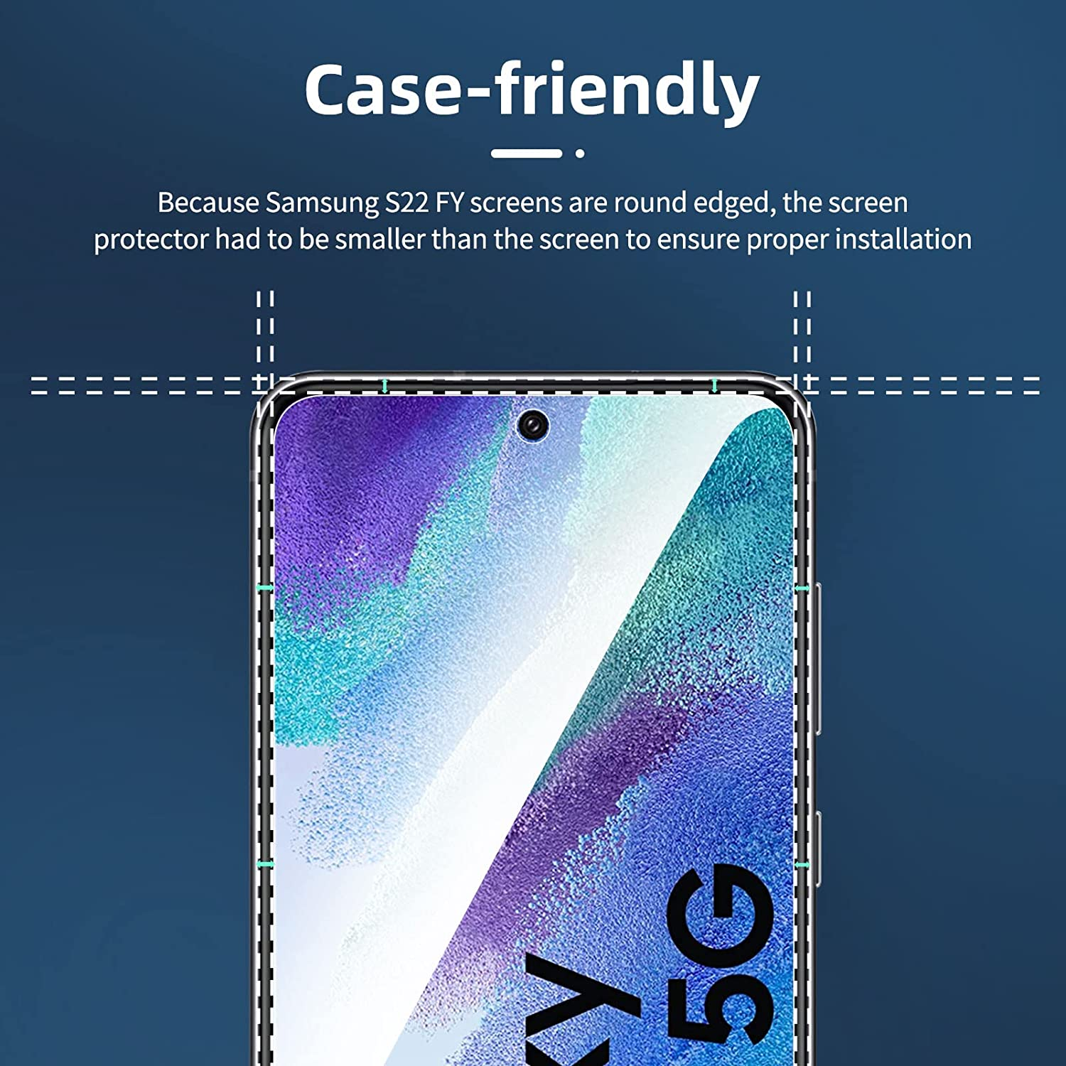 Ochraniacz ekranu do smartfona Samsung S22 FY. Pokazuje telefon z zainstalowanym ochraniaczem, kompatybilny z etui.