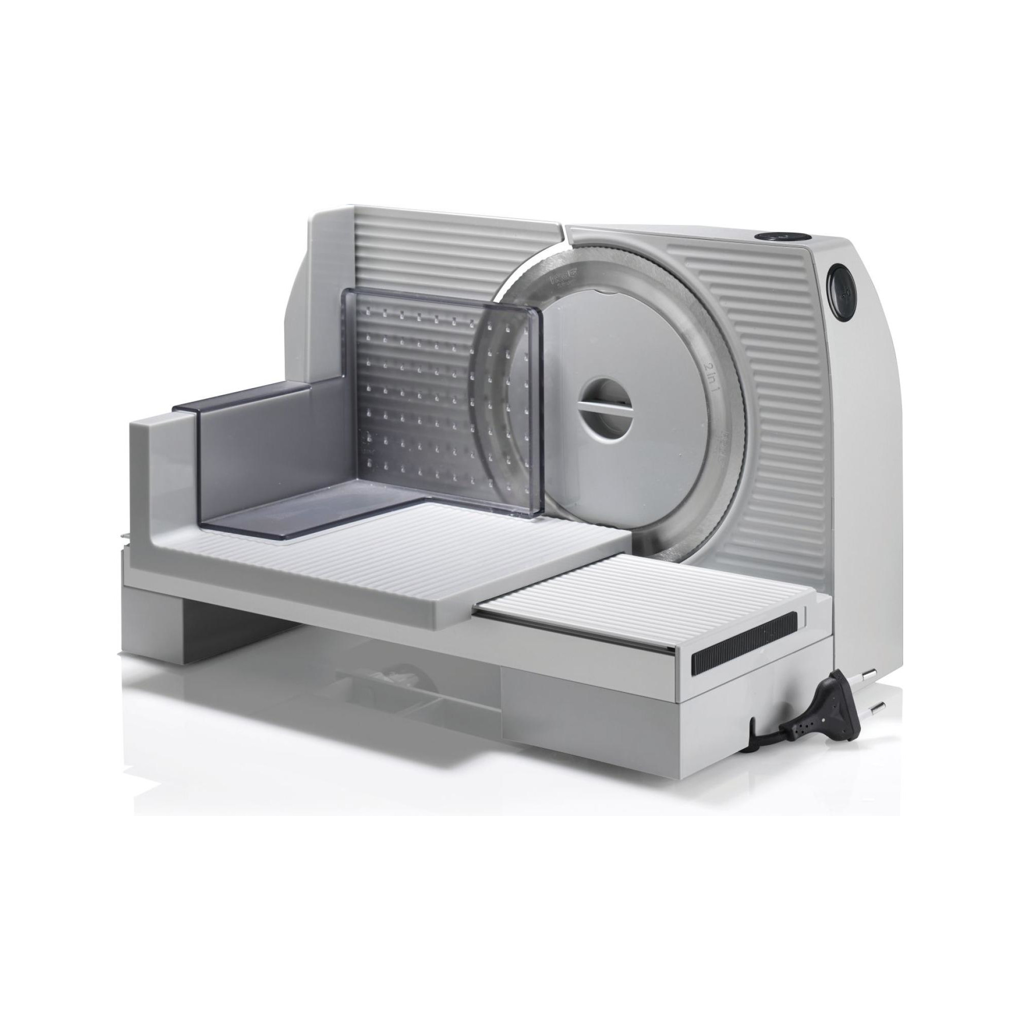 Maszyna do krojenia, biało-szara, z przezroczystą osłoną ostrza.