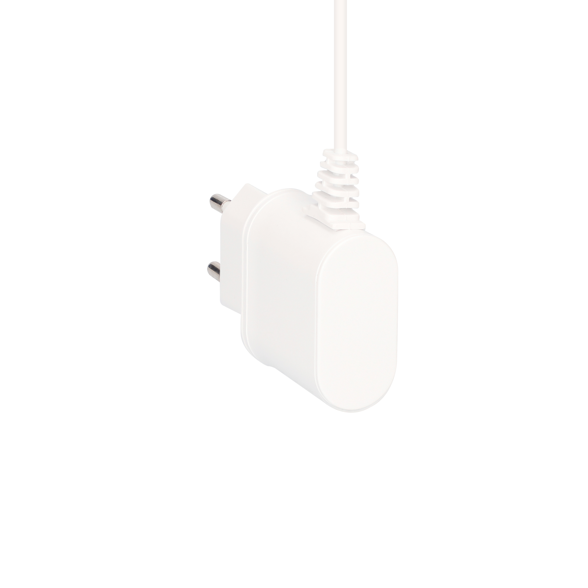 Enchufe blanco con dos clavijas, conectado a un cable blanco, aislado en blanco.