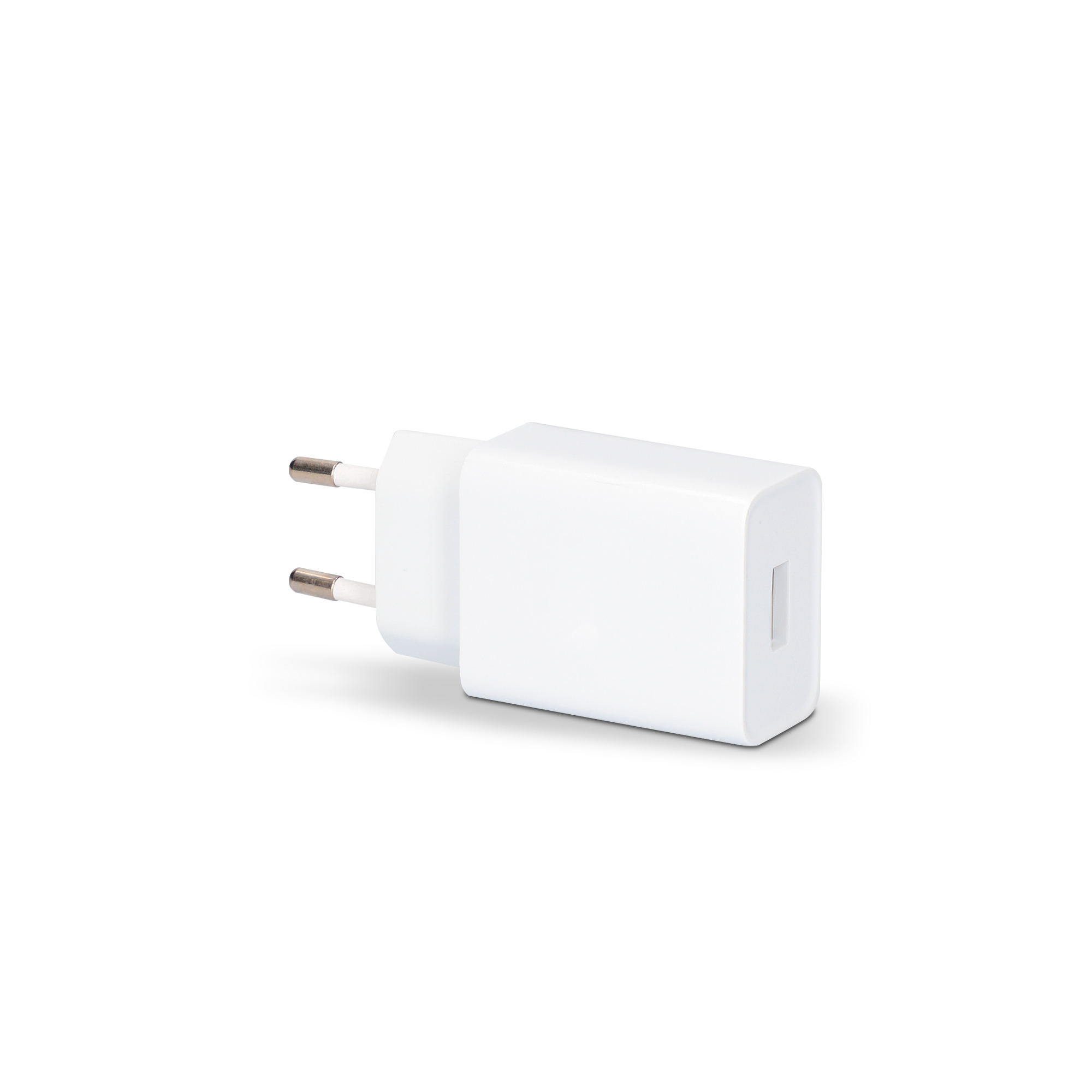 Adaptador de corriente blanco con dos clavijas y un puerto USB sobre fondo blanco.