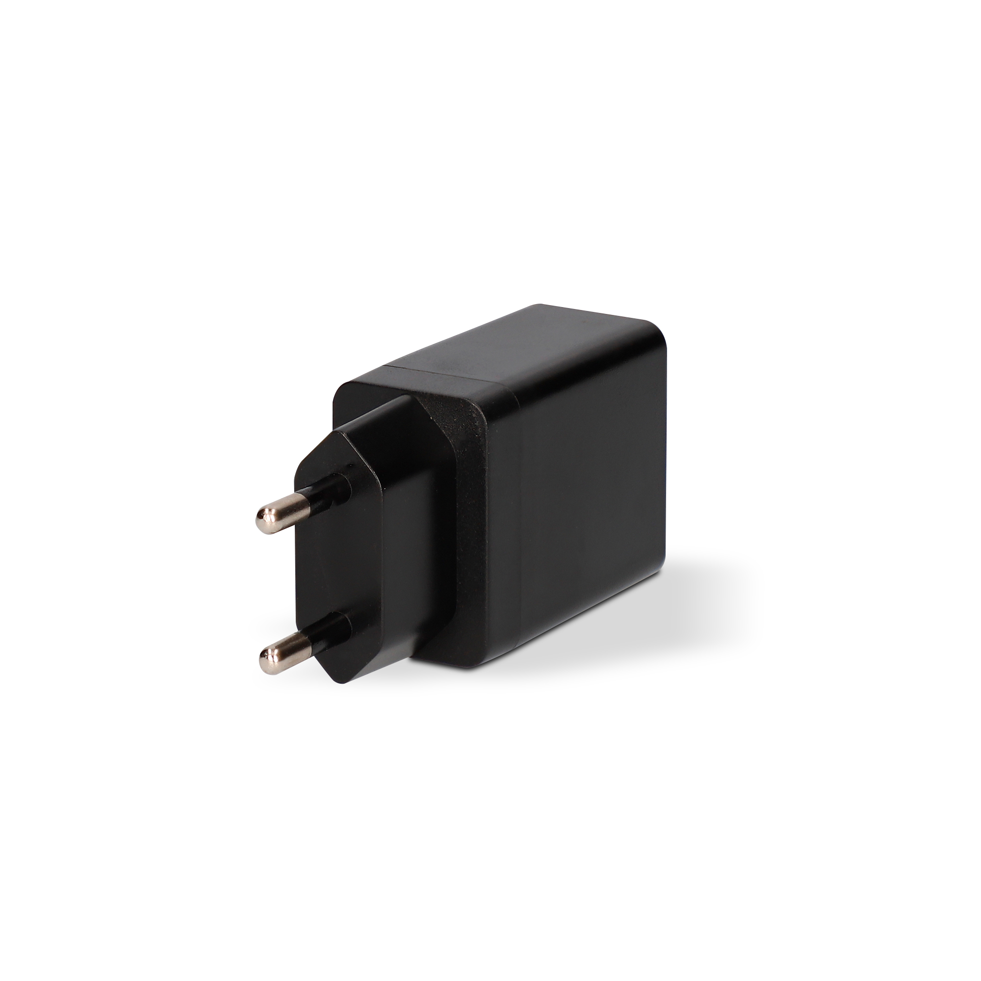 Un adaptador de corriente negro. Tiene dos clavijas plateadas y una forma rectangular.