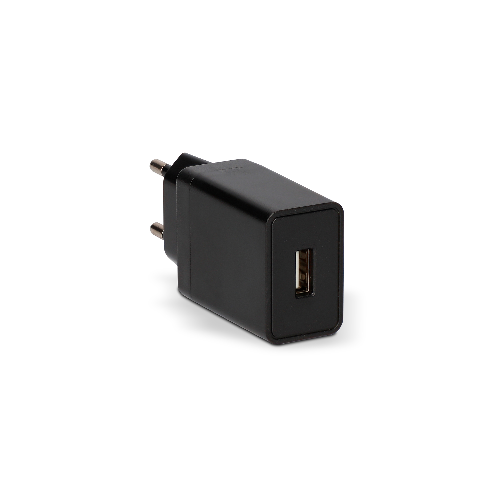 Cargador USB negro sobre fondo blanco.