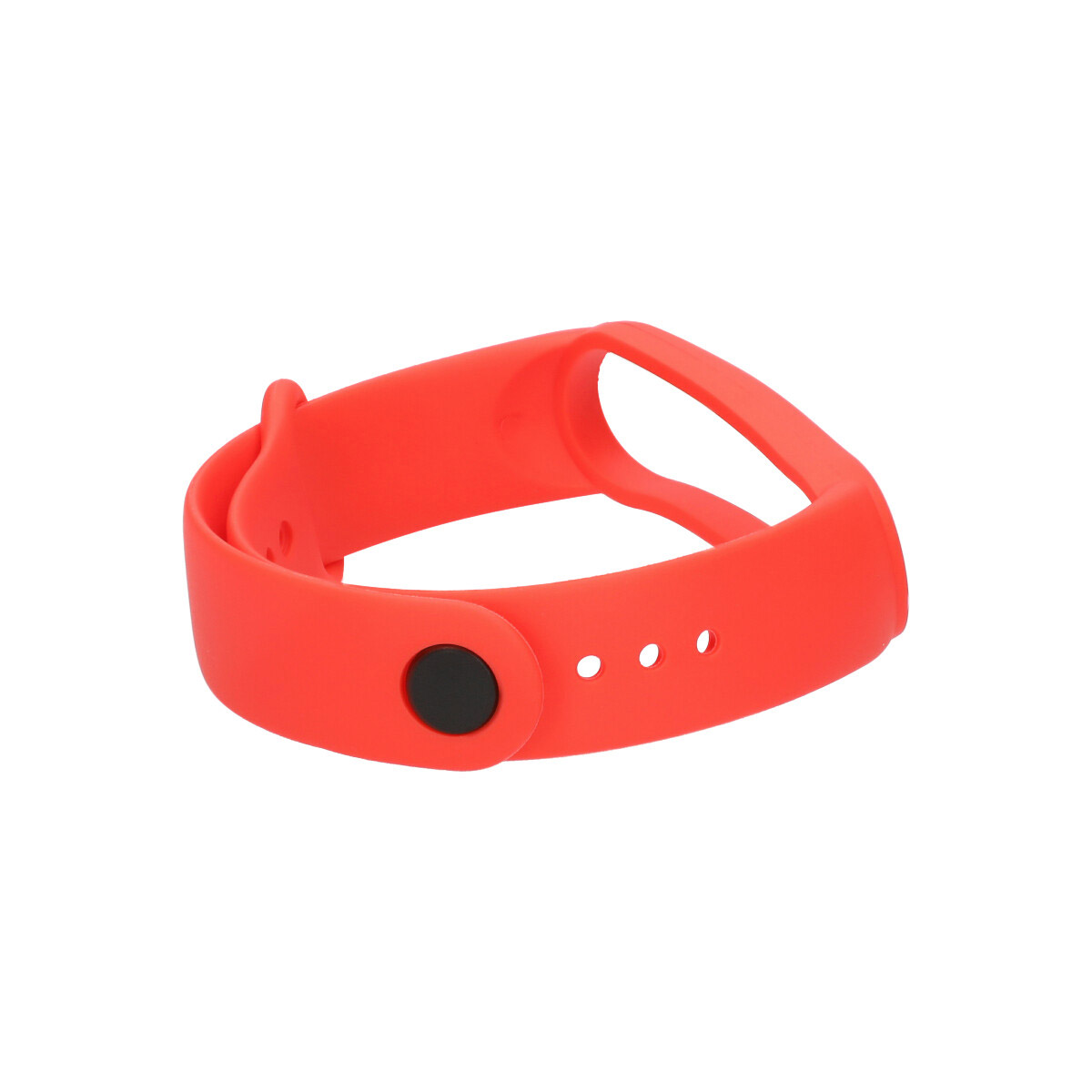 Jasnoczerwony pasek do zegarka z czarnym guzikiem i dziurkami, na białej powierzchni.