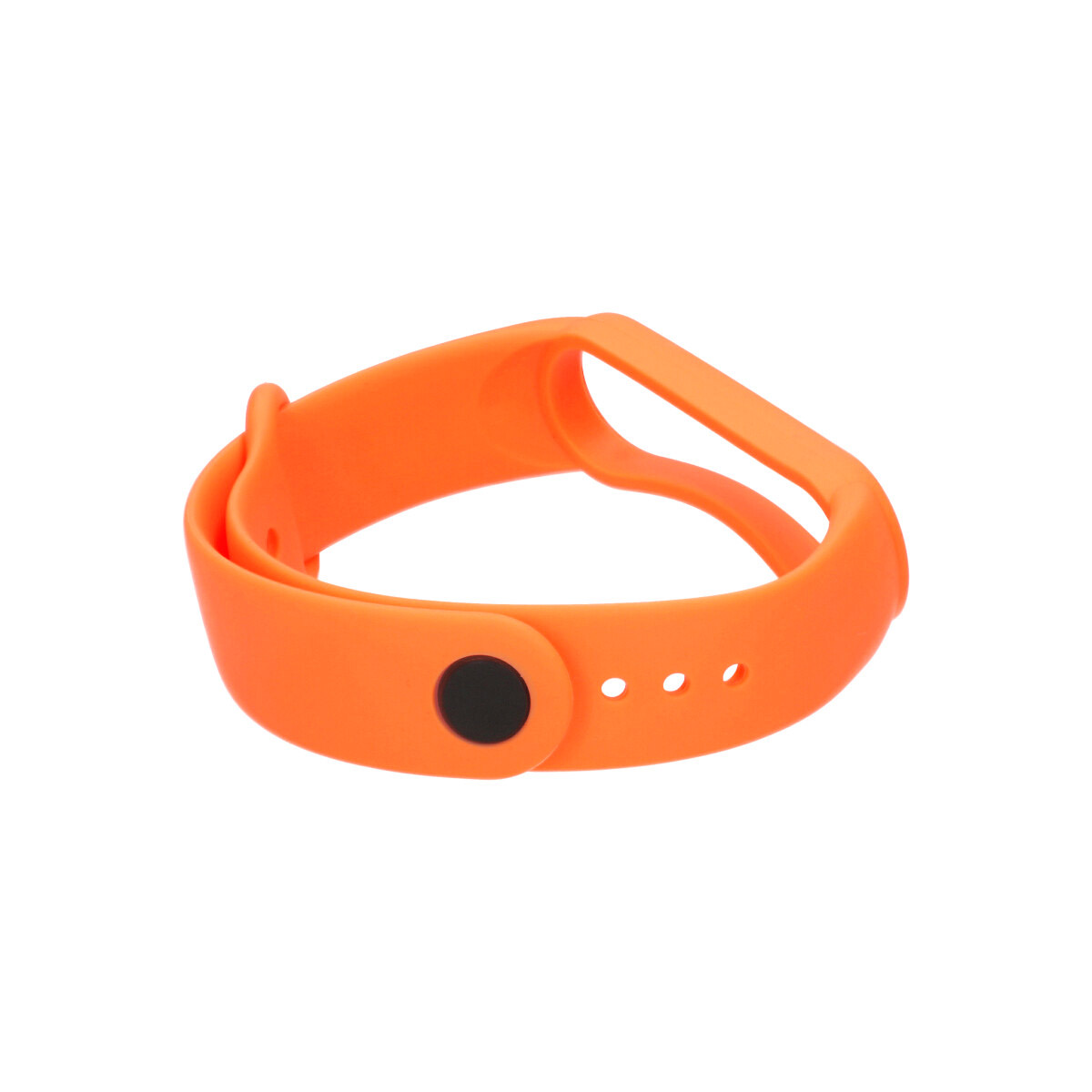 Pomarańczowa opaska fitness z czarnym guzikiem i trzema otworami, na białym tle.