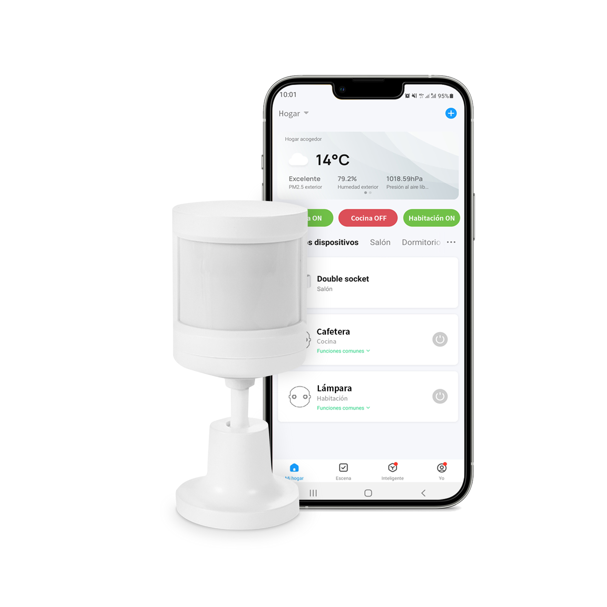 Dispositivo de hogar inteligente, junto a un smartphone que muestra la interfaz de una aplicación de hogar inteligente.