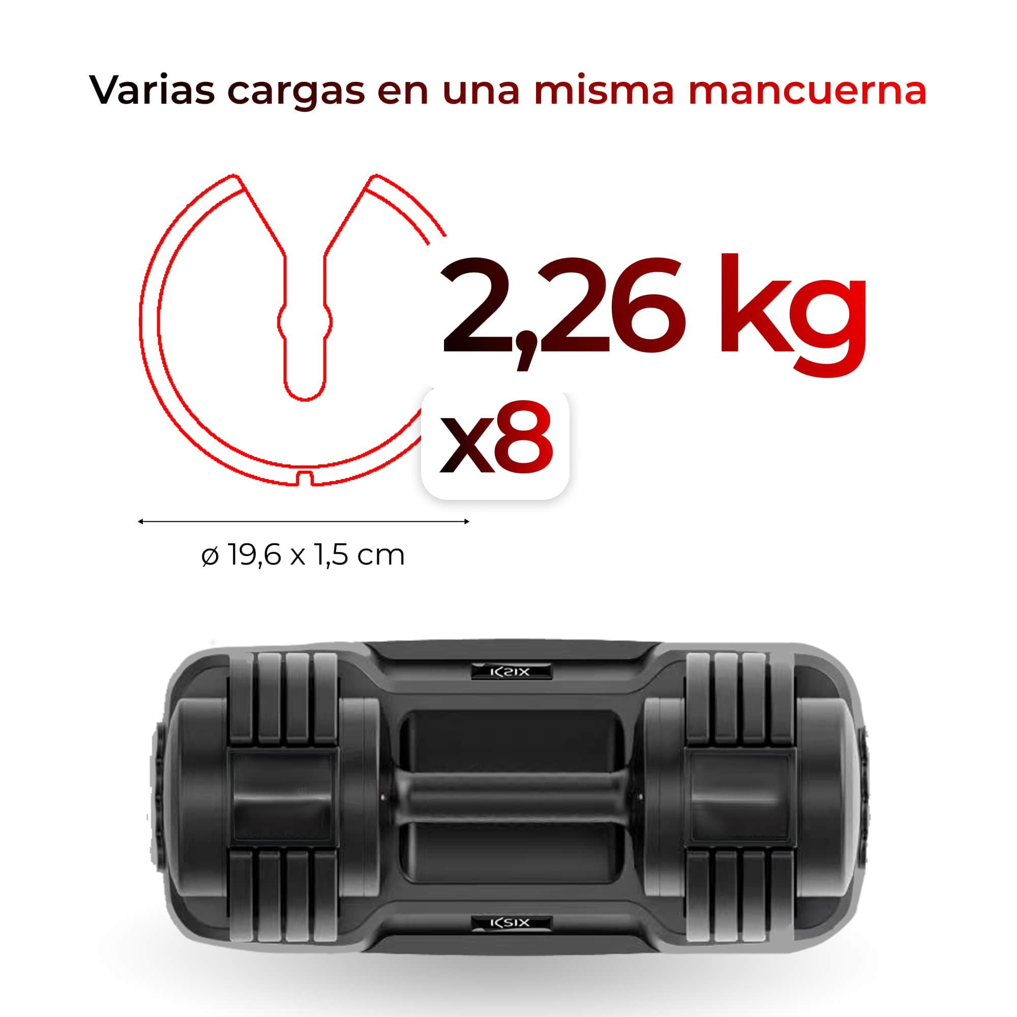Mancuerna negra con marcas de peso. Texto: 2,26 kg x8. Contorno dibujado.