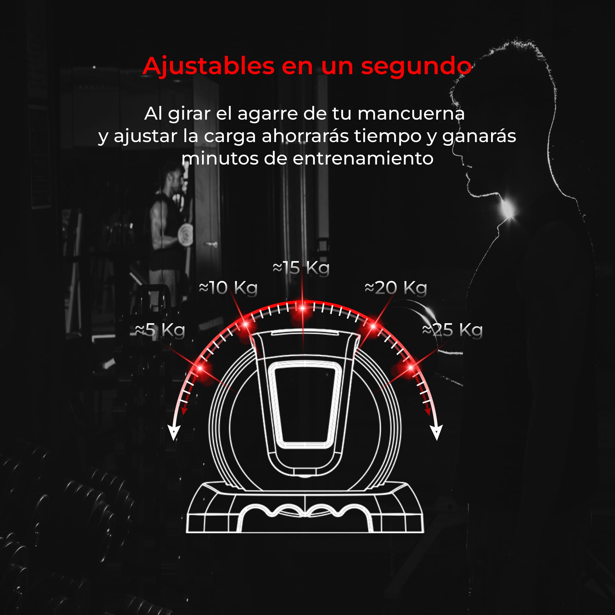 Un hombre en un gimnasio ajusta una máquina de pesas. La imagen muestra ajustes de peso de 5 a 25 Kg.