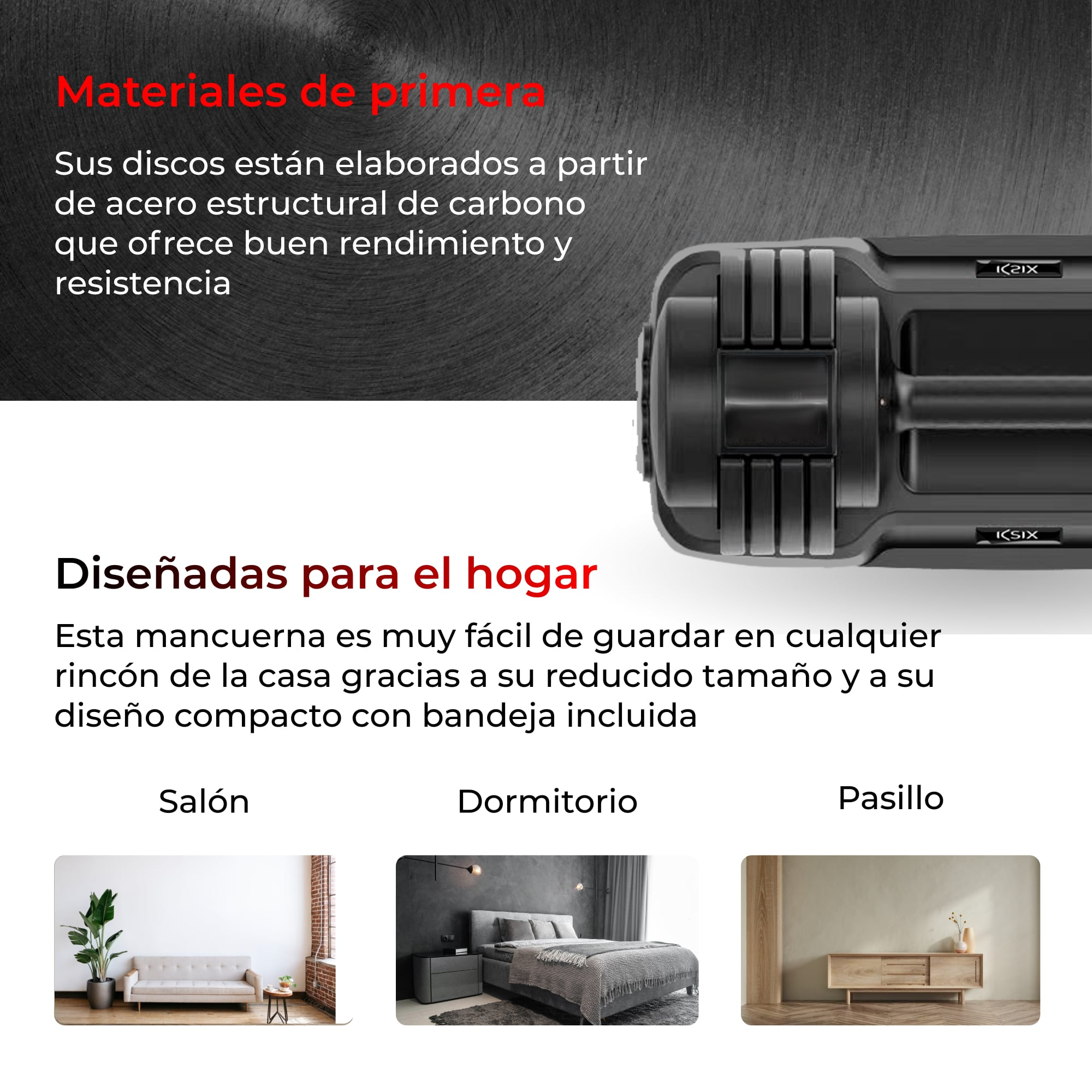 Un anuncio con texto en español. Muestra un objeto negro con texto e imágenes de habitaciones.