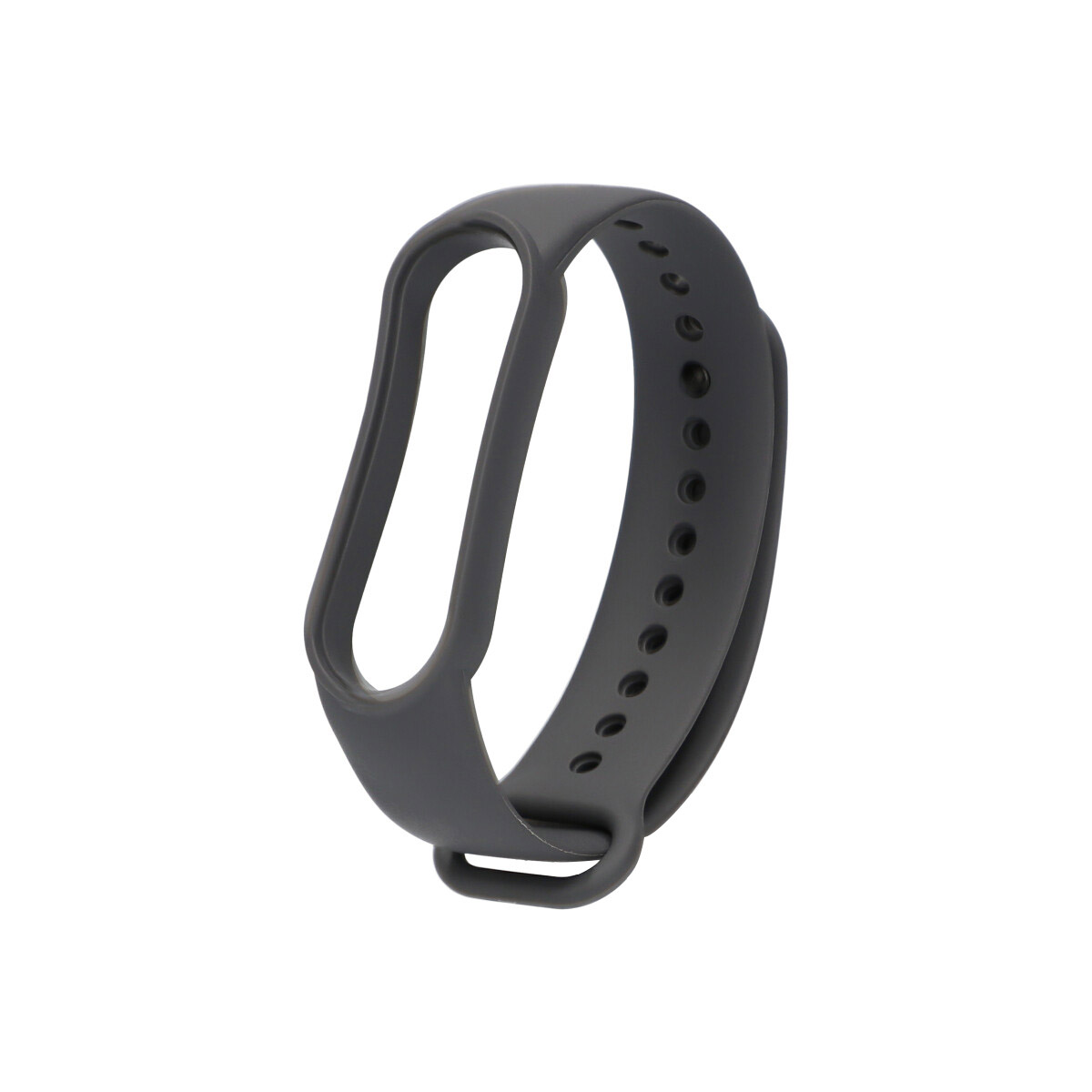 Una correa de reloj gris oscuro. Tiene un diseño curvo con agujeros para ajuste y una correa.